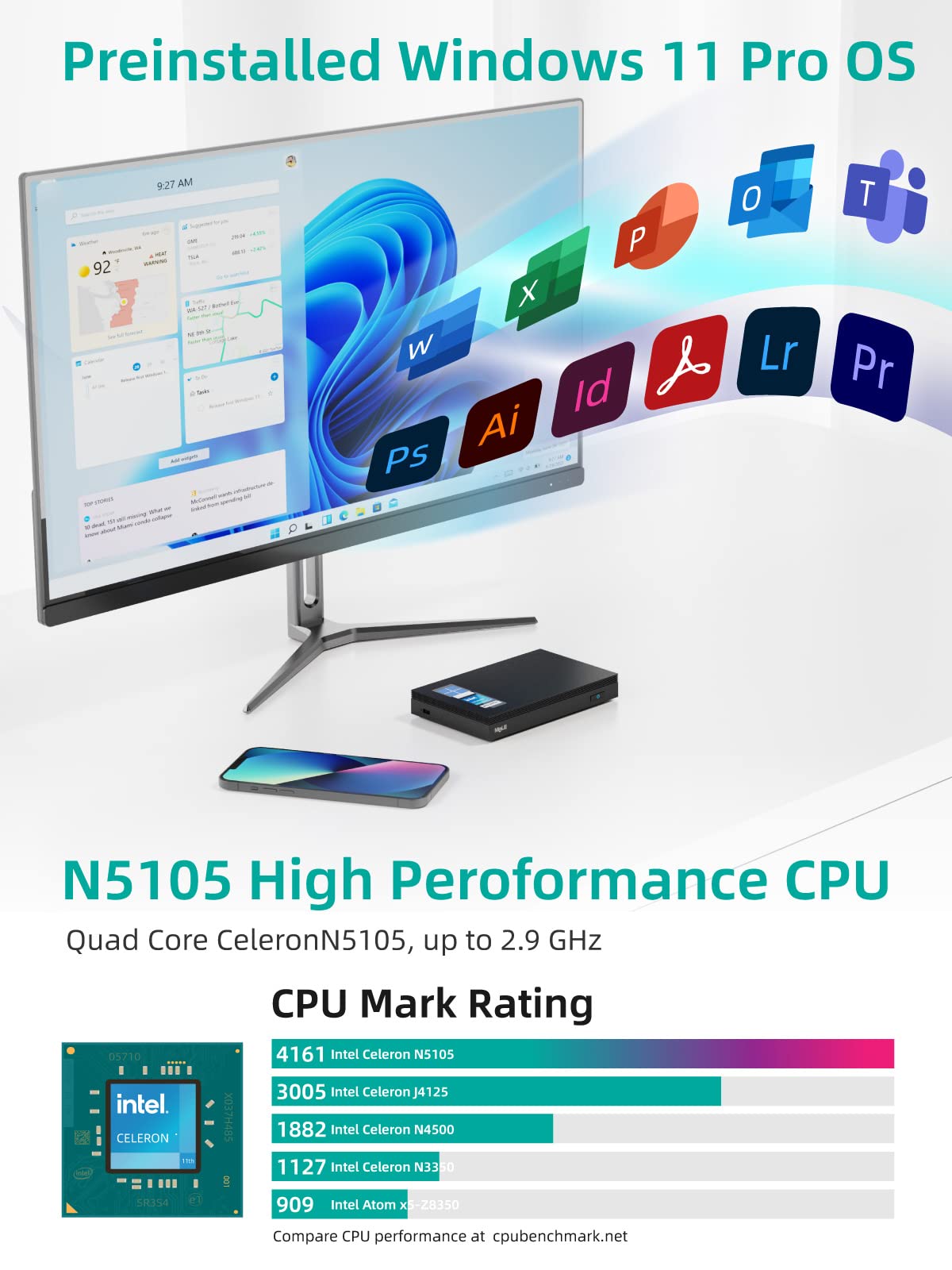 Mele Quieter3Q Fanless Mini Pc Windows 11 Pro Celeron N5105 Small Desktop Computer 8G Lpddr4 256G Rom Micro Form Factor Pc Suppo