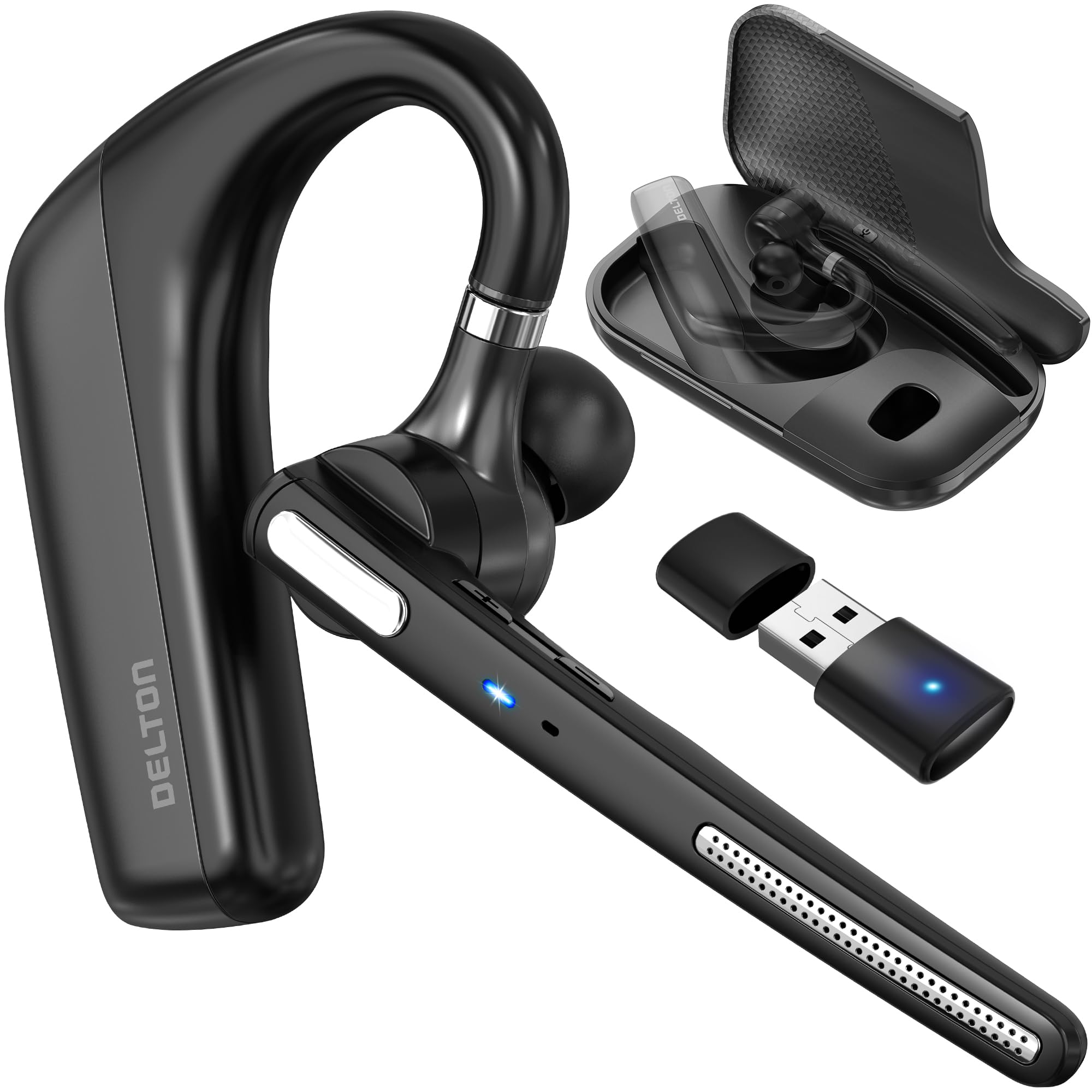 Ultralight Bluetooth Headset With Noise Cancelling Microphone, Bluetooth Earpiece With Charging Case, Auto Pair Usb Dongle For Pc/Laptop, Compatible With Ms Teams, Zoom, Google Meet, And More   Black