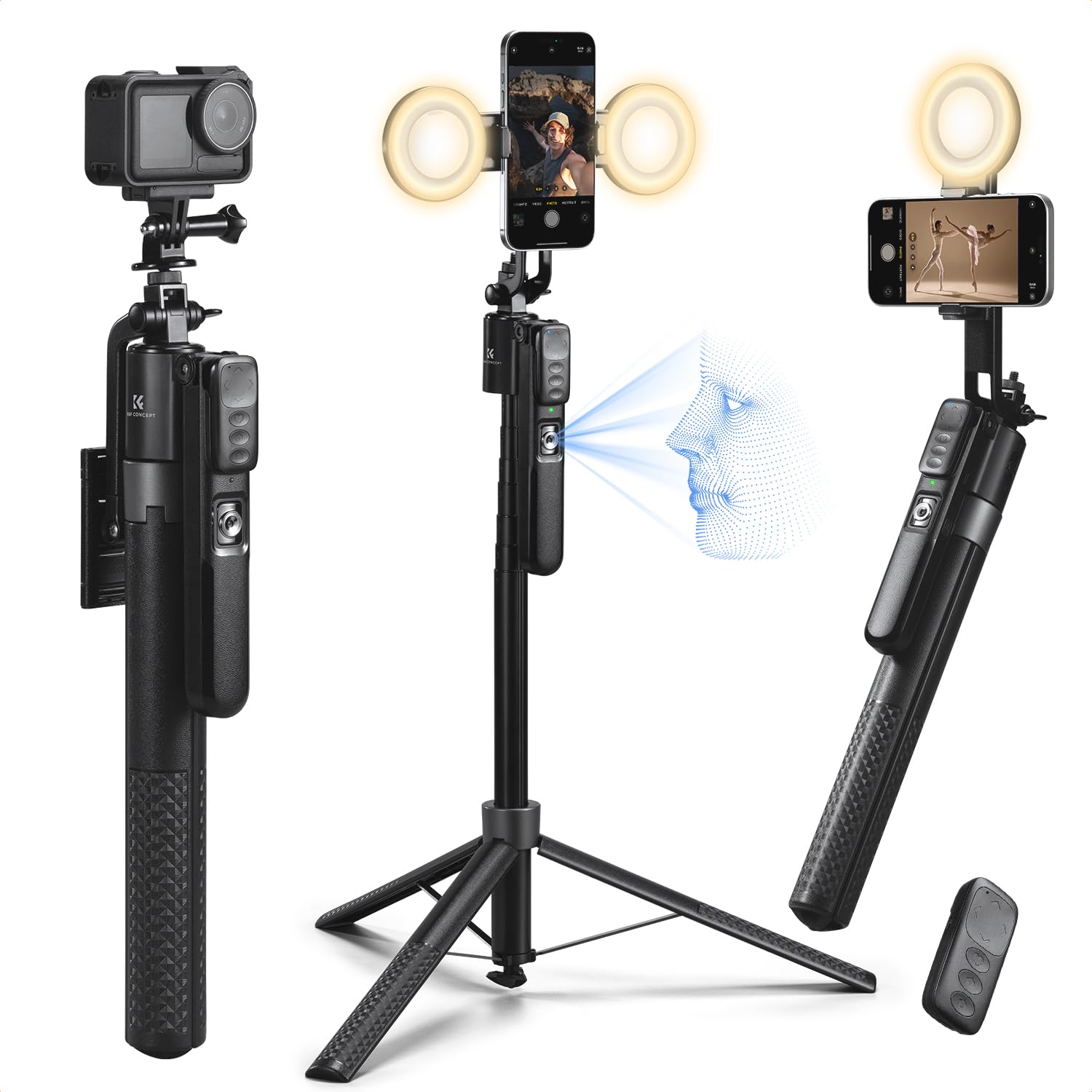 K&F CONCEPT 71 Auto Face Tracking Tripod, 360 Rotation Selfie Stick with 2 Fill Lights, Gesture Remote Control for Vlogging, Liv