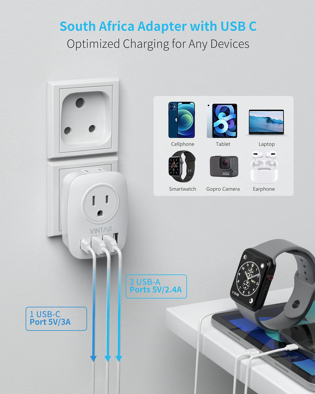 2 Pack South Africa Plug Adapter, Vintar Type M Plug Adapter With 1 Usb C, 3 Usb Ports And 2 American Outlets, 6 In 1 Travel Ada