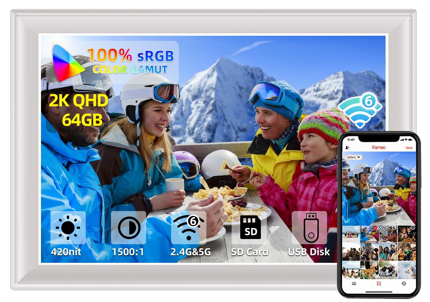 64Gb 2K 11Inch Digital Photo Frame Wifi6&5G Digital Picture Frame 100% Srgb 1920X1280 Fhd Ips Touch Screen,Share Photos & Videos