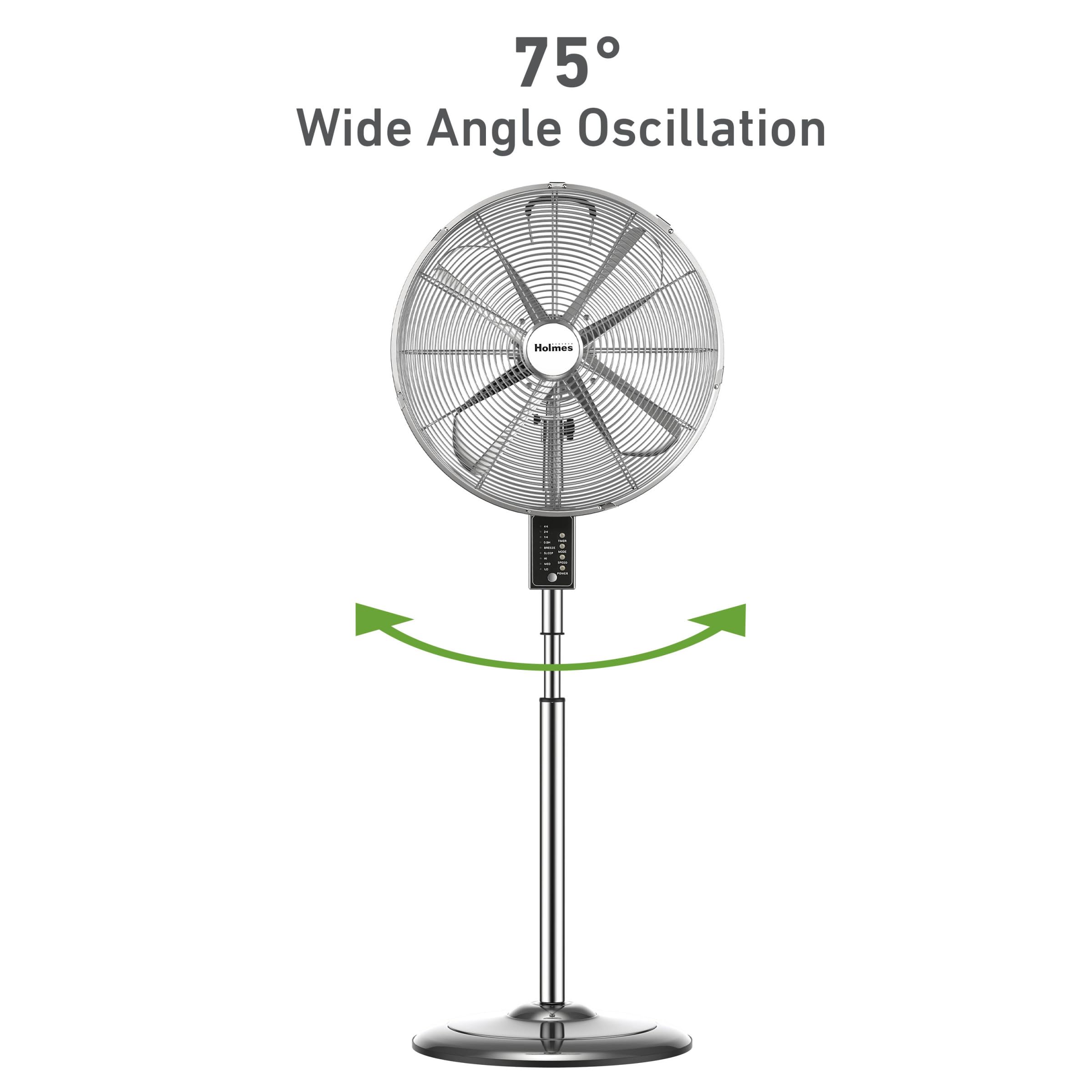 Holmes 16'' Chrome Digital Stand Fan, 75 Oscillation, 3 Speeds, 4 Blades, 3 Modes, Adjustable Height, 18 Head Tilt, Ideal For Ho