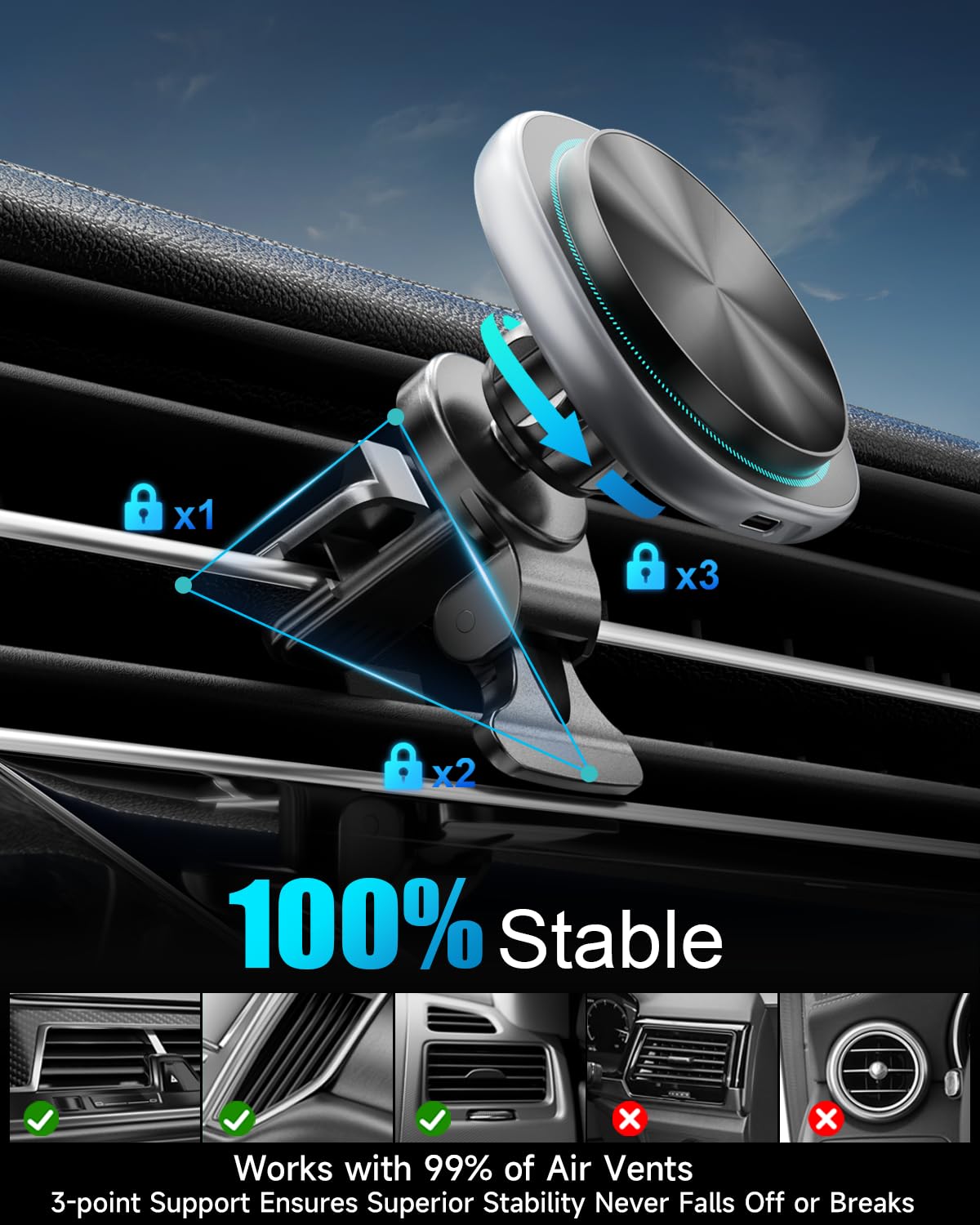 Magsafe Car Mount Charger, 15W Fast Charging Strong Magnetic Phone Holder, Air Vent/Dashboard Wireless Charger For Iphone 16/15/