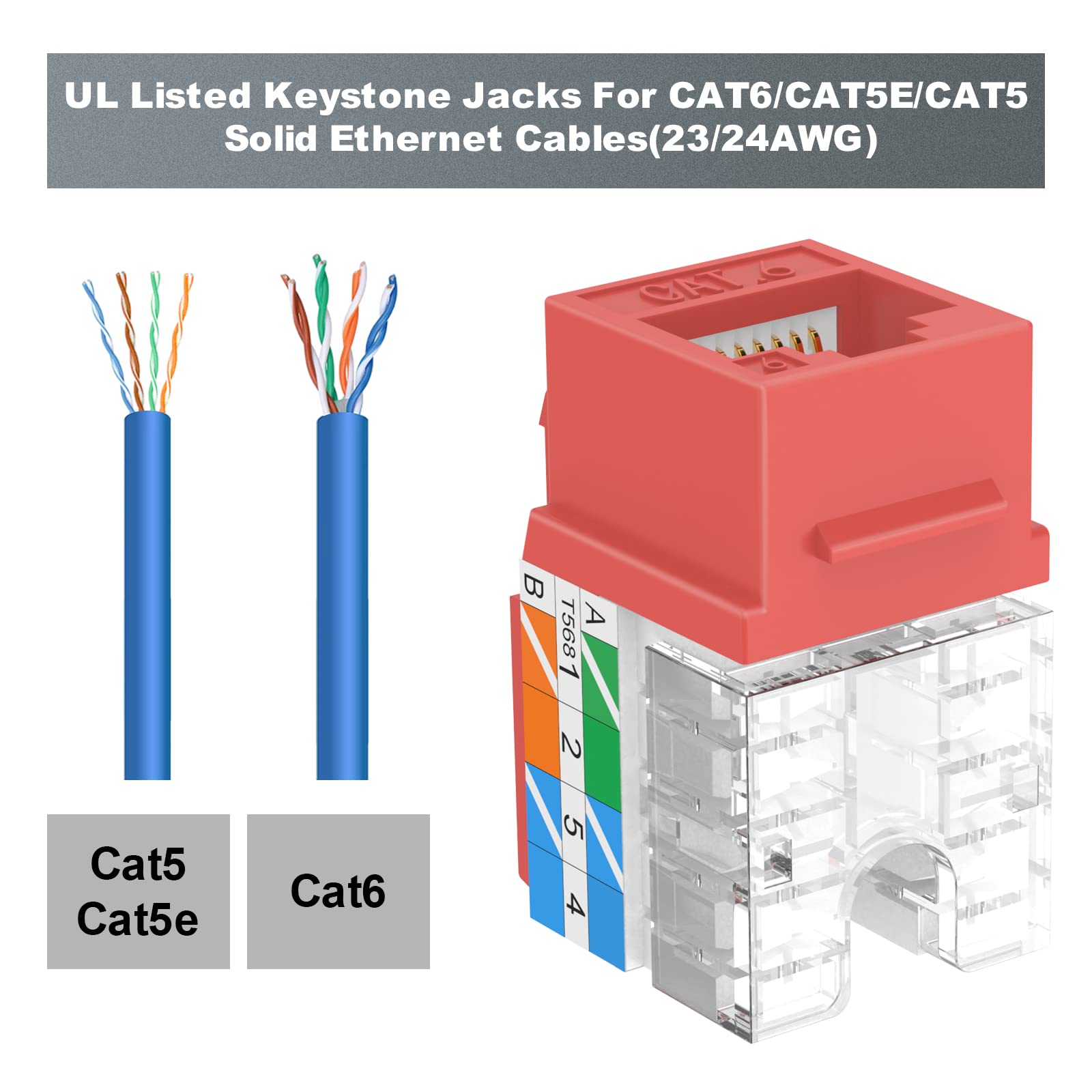 Vcelink Rj45 Cat6 Keystone Jacks Slim Profile Ul Listed 10 Pack, 90 Degree Ethernet Punch Down Keystone Jack Adapter In Red