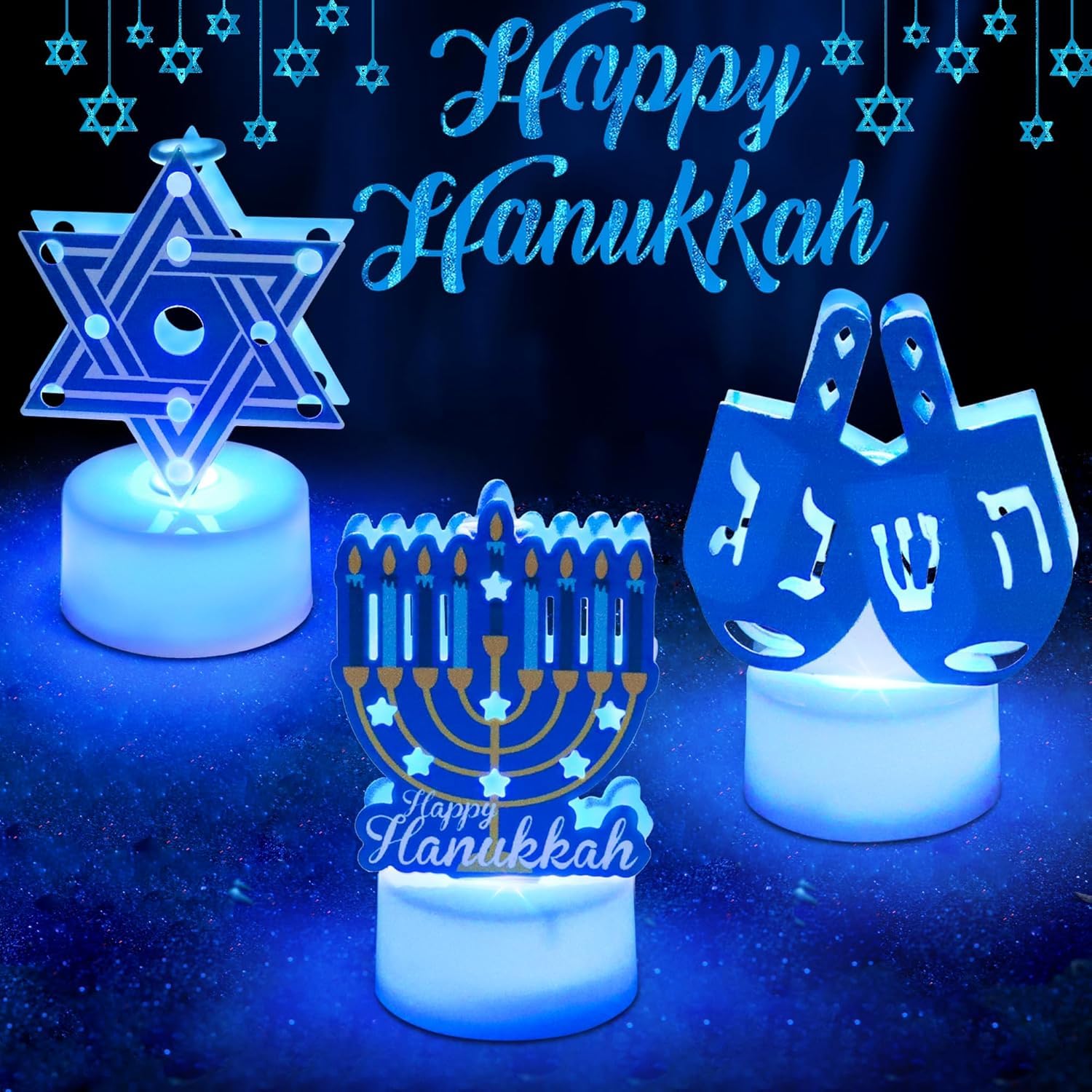 6 PCS Hanukkah Tea Lights Candles Battery Operated LED Flameless Tealight Candles, Blue Star of David Menorah Dreidel Hanukkah D