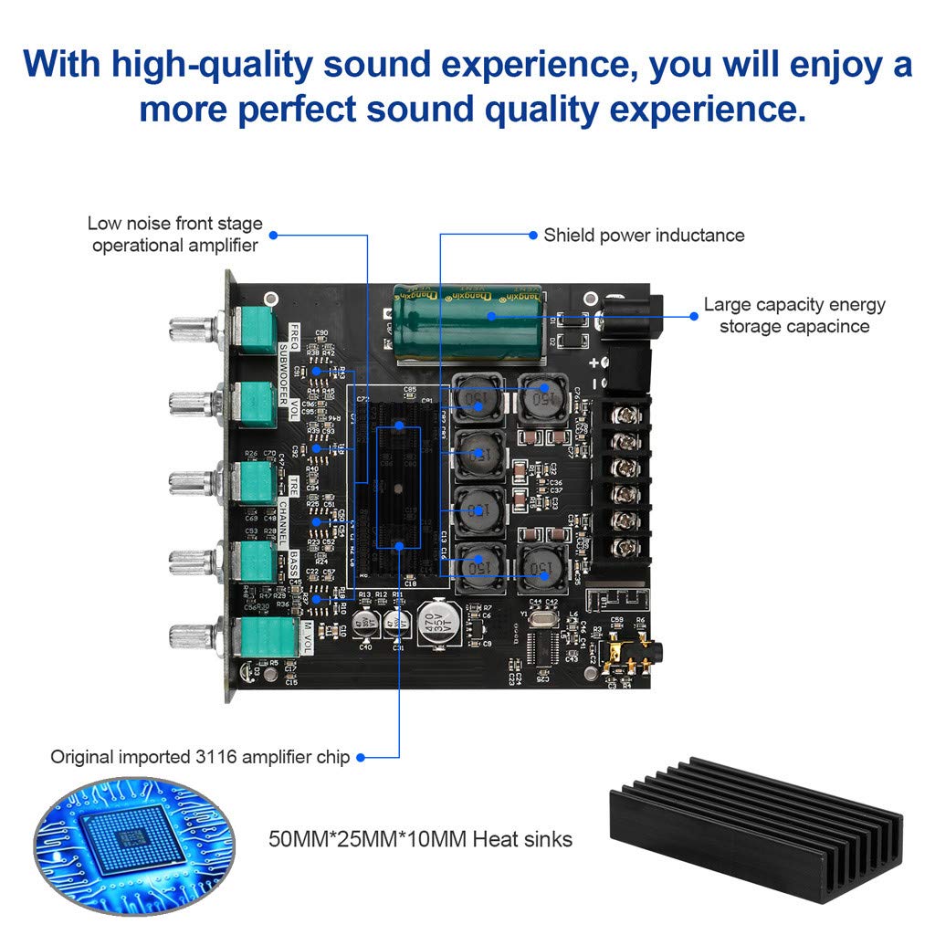 Bluetooth Audio Amplifier Board, Zk Tb21 2.1Ch 50W X 2 +100W Subwoofer Power Amp With Treble And Bass Control, Bluetooth5.0 And