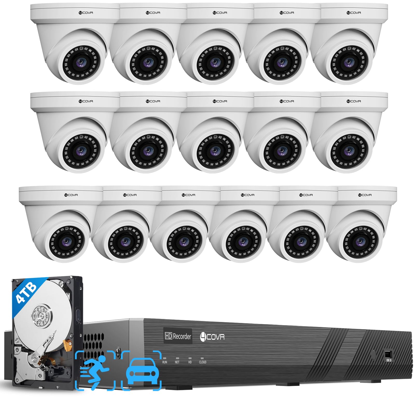 4COVR 4K 16 Channel PoE Security Camera System for Business, UHD NVR 4TB HDD, AI Human Vehicle Detection, 16x 8MP IP67 Dome Comm