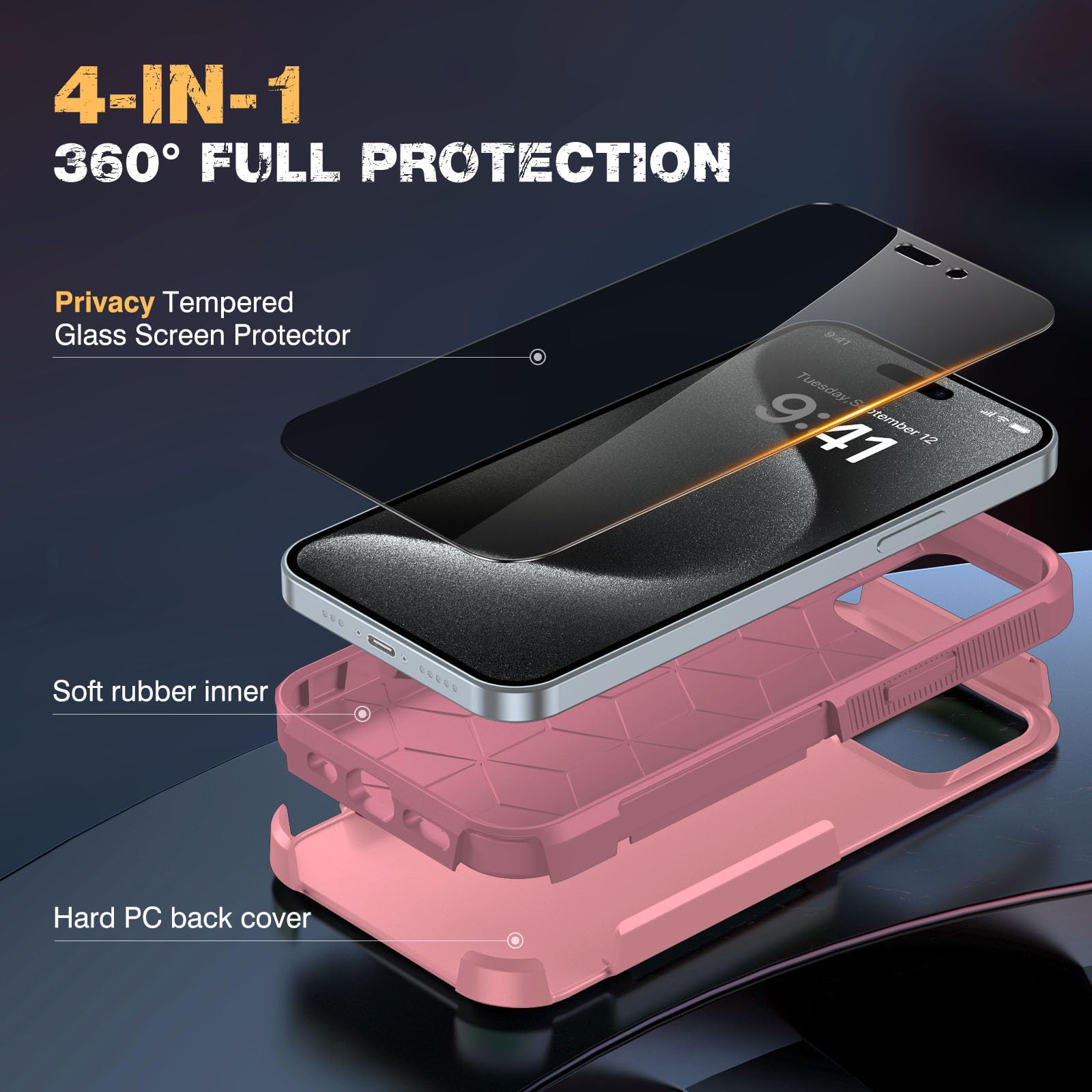Diaclara Designed For Iphone 15 Pro Max Case, [With Privacy Screen Protector] [Anti Spy] [Military Grade Drop Protection] Heavy