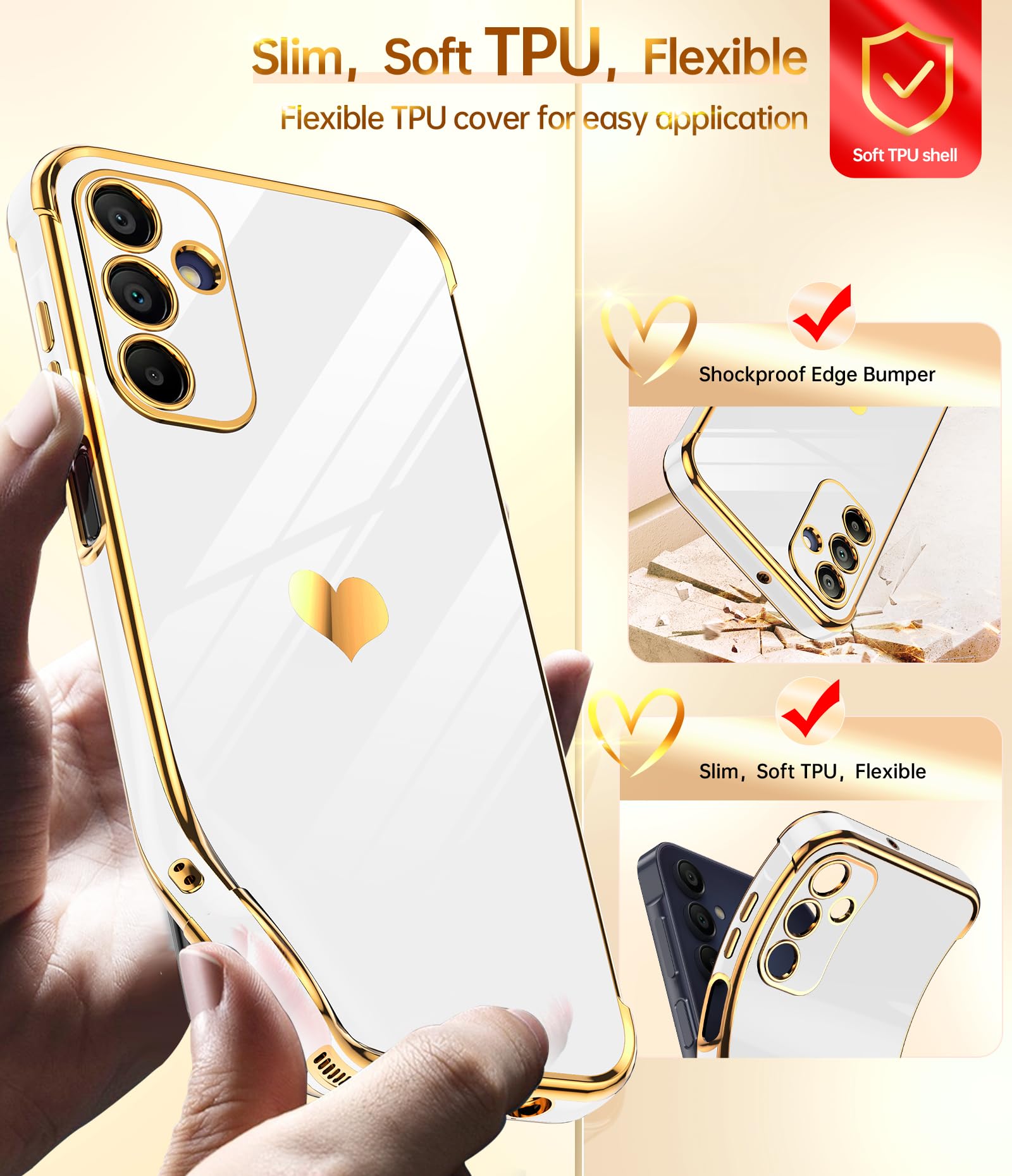 Leyi For Galaxy A15 5G Case: With Tempered Glass Screen Protector [2 Pcs]+ Full Camera Lens Protection, Love Heart Plating Women