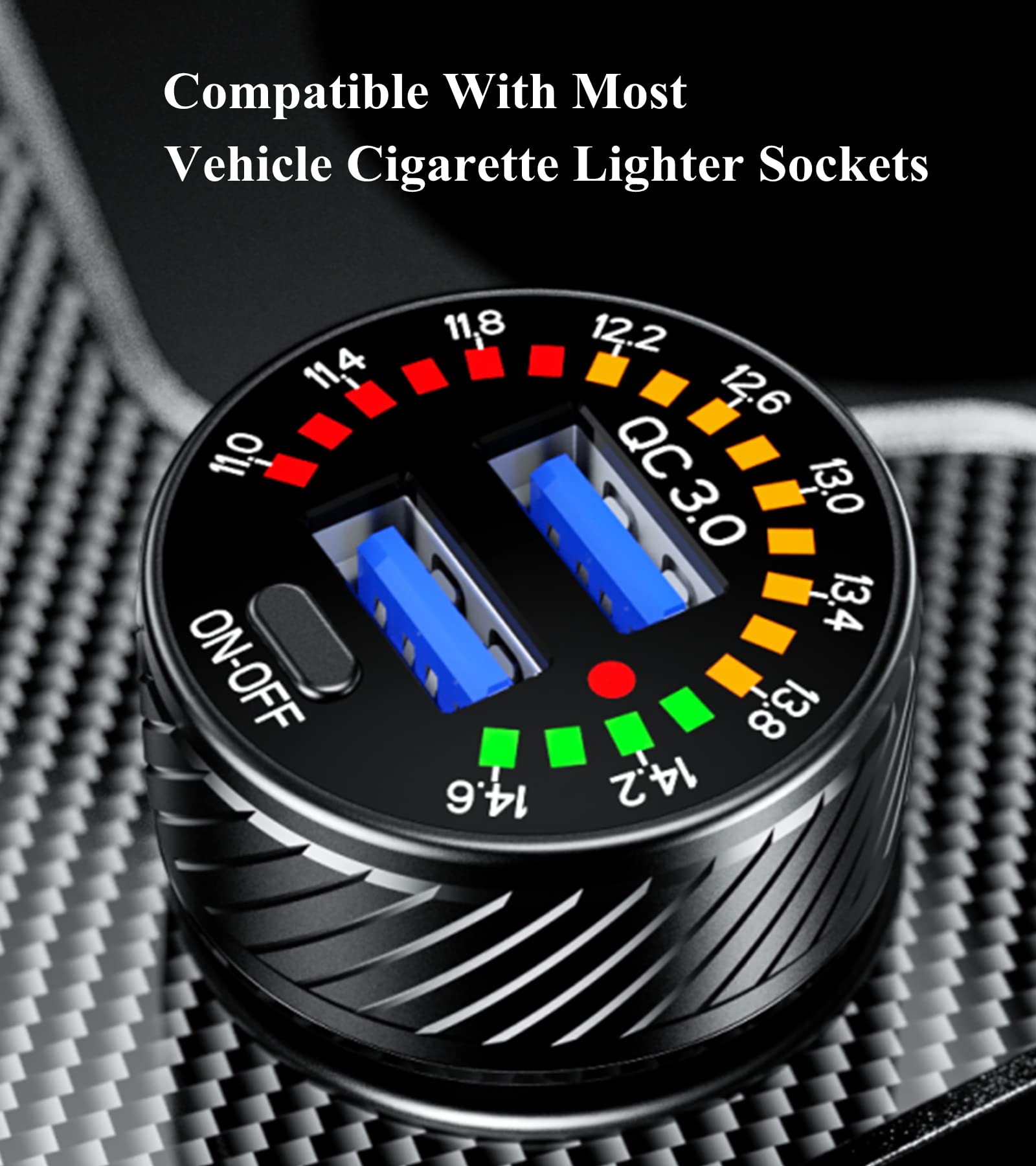 Barcovan Usb Car Phone Charger Adapter, Dual Qc3.0 Port, 36W 3A Fast Charge With Colorful Voltmeter & On/Off Switch