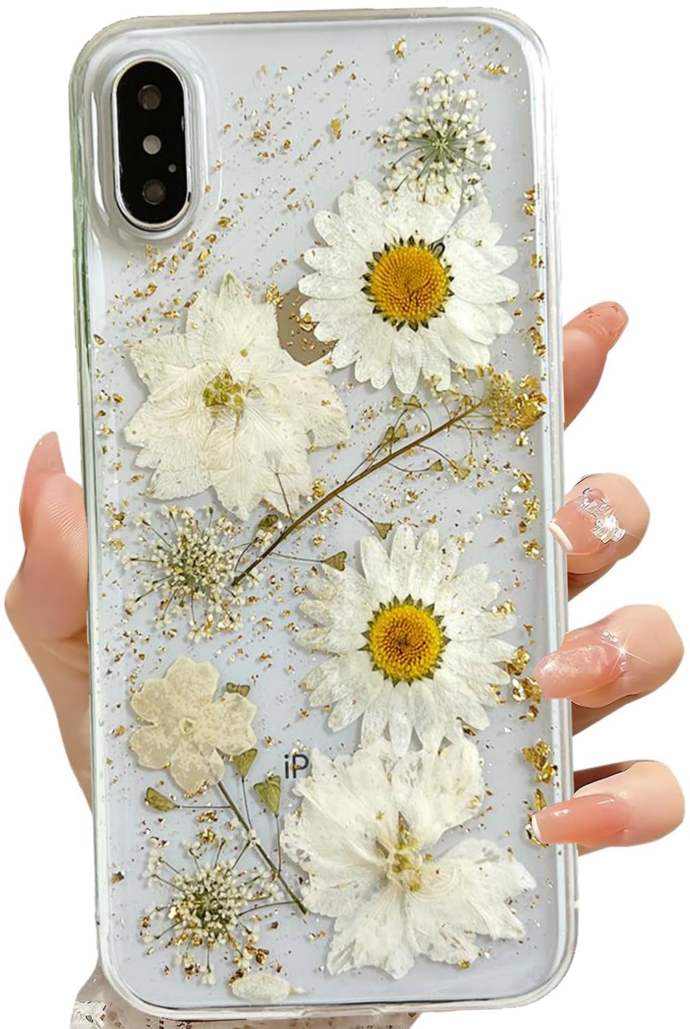 Lseeka For Iphone Xs Max Clear Case With Pressed Real Flowers Design,Glitter Cute White Floral Pattern Slim Soft Tpu Protective