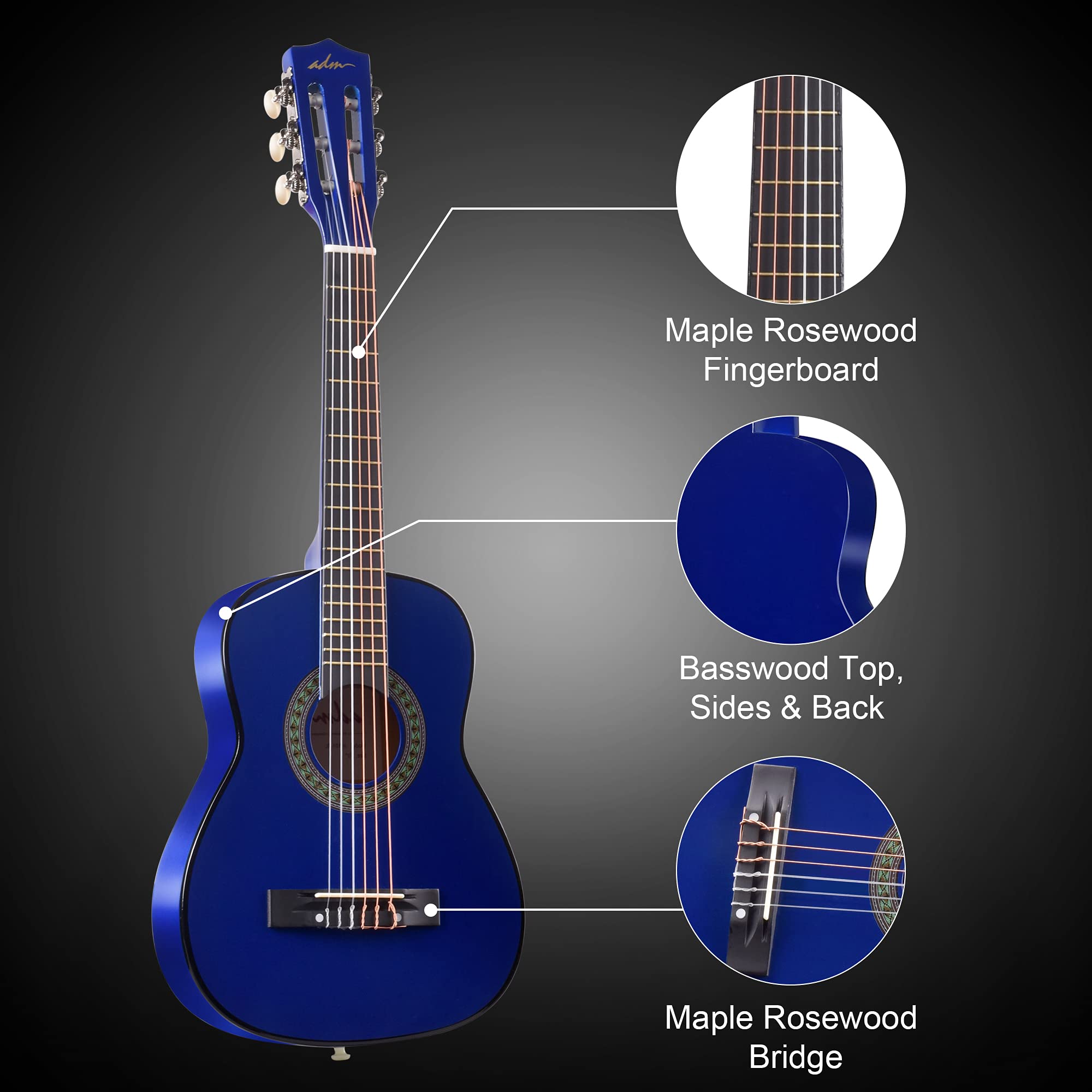 Adm Beginner Acoustic Classical Guitar 30 Inch Nylon Strings Wooden Guitar Bundle Kit For Kid Boy Girl Student Youth Guitarra On