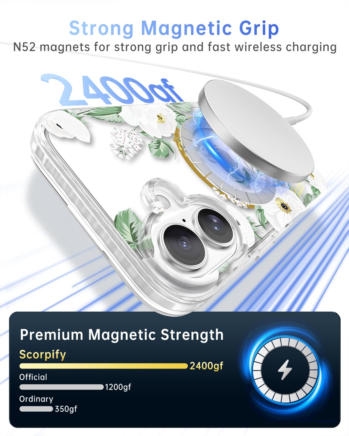 Scorpify For Iphone 16 Case [Compatible With Magsafe] With White Rose Floral Design, Cute Clear Flower Magnetic Phone Cover For