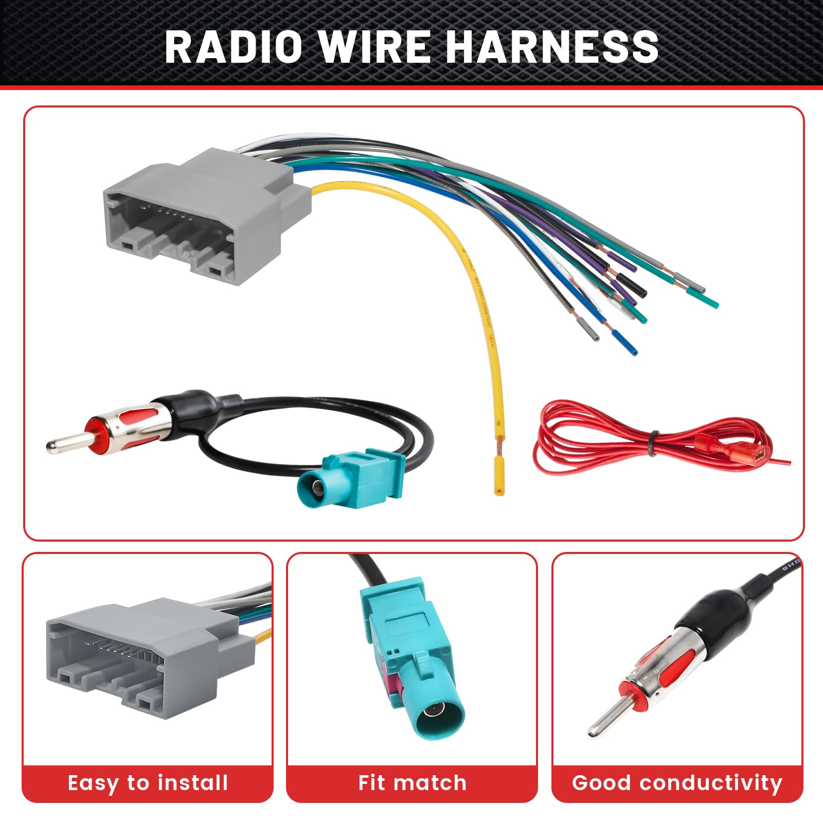 Red Wolf Radio Wiring Harness Antenna Adapter Connector Compatible With Dodge 2007 2011, Jeep 2008 2011, Chrysler 2008 2011 Inst