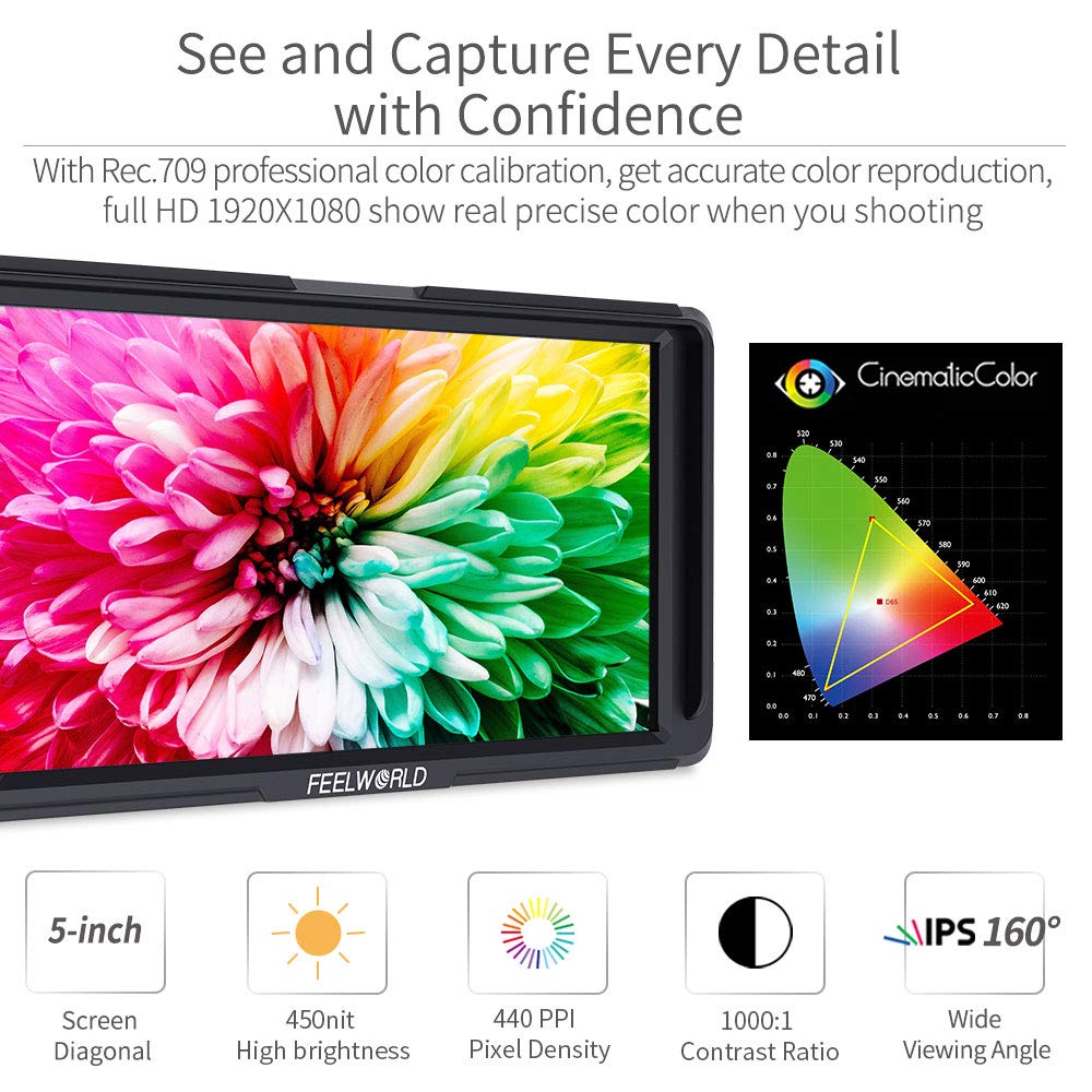 Feelworld F5 5 Inch Dslr On Camera Field Monitor Small Full Hd 1920X1080 Ips Video Peaking Focus Assist With 4K Hdmi 8.4V Dc Inp