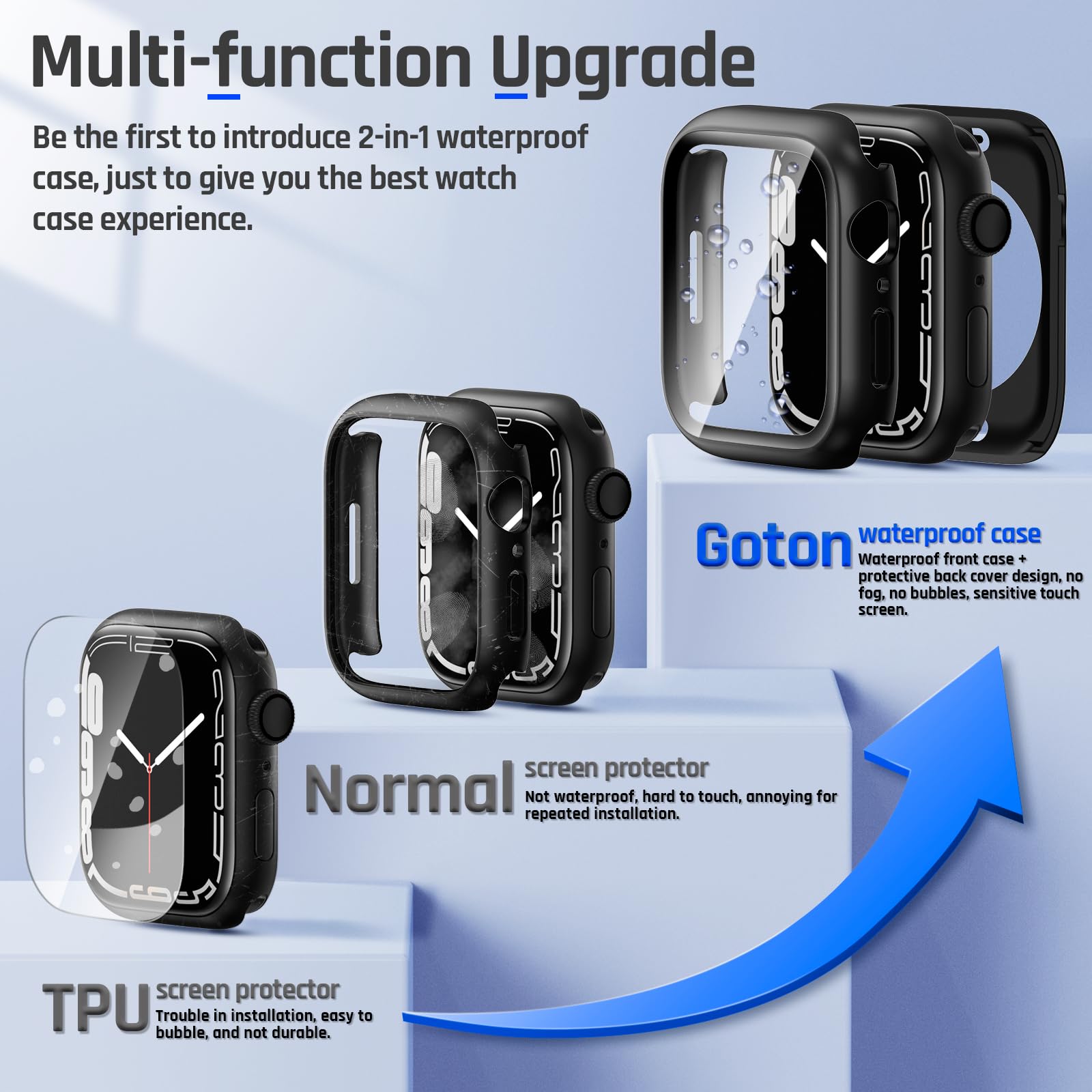 Goton 2 In 1 Waterproof Case For Apple Watch Series 9 8 7 Screen Protector 45Mm, 360 Protective Glass Face Cover Hard Pc Bumper