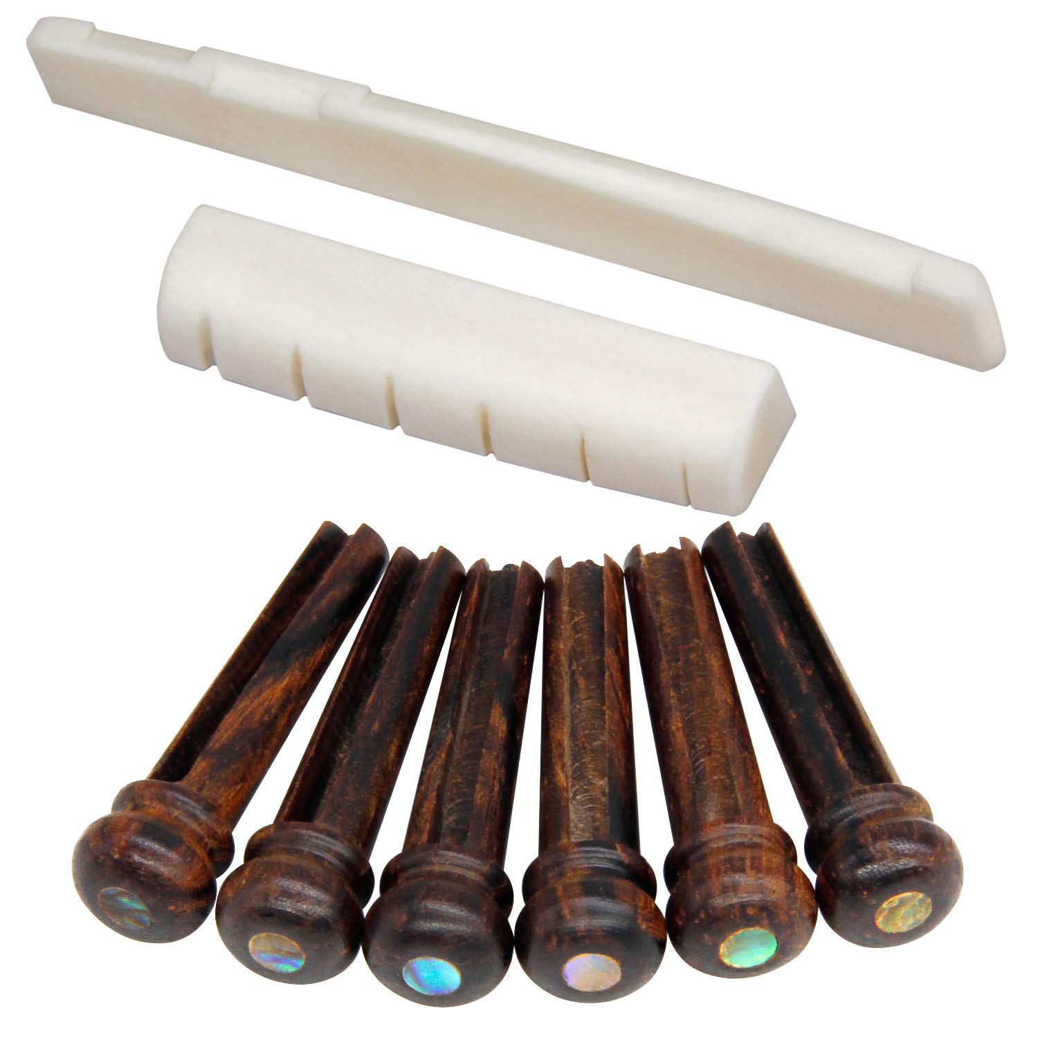 Blisstime 6 String Acoustic Guitar Bone Bridge Saddle And Nut And 6Pcs Rosewood Guitar Bridge Pins