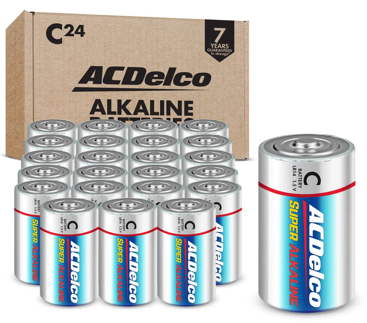 Powermax Acdelco 24 Count Size C Alkaline Batteries, Super Alkaline Battery, 7 Year Shelf Life, Reclosable Packaging