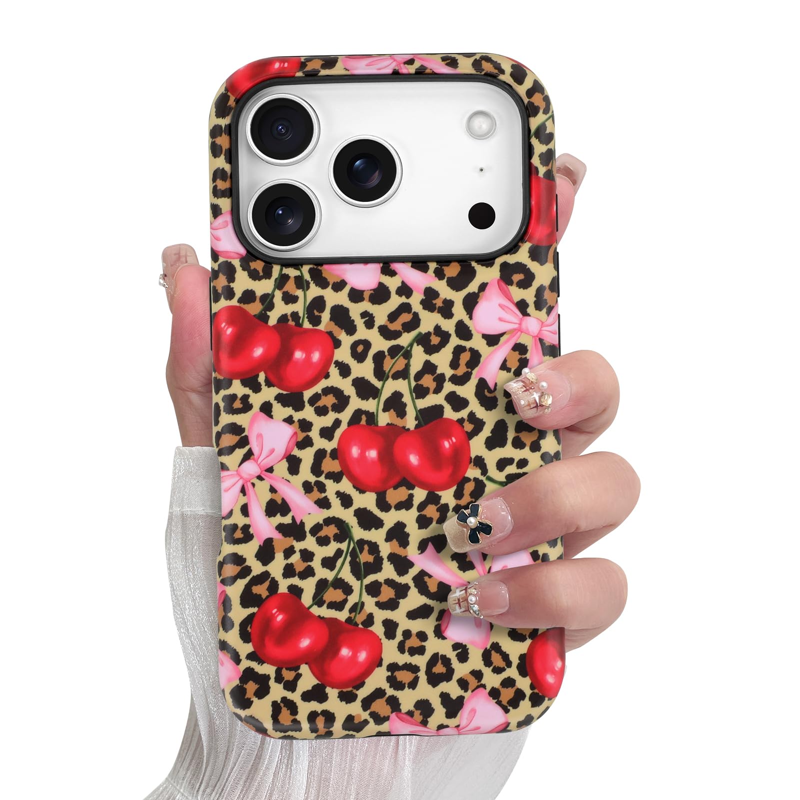 SOKAD Magnetic Cherry Bow Phone Case for iPhone 17 Pro, Cute Cherry Pink Bow Vintage Leopard Pattern Compatible with Magsafe Mat