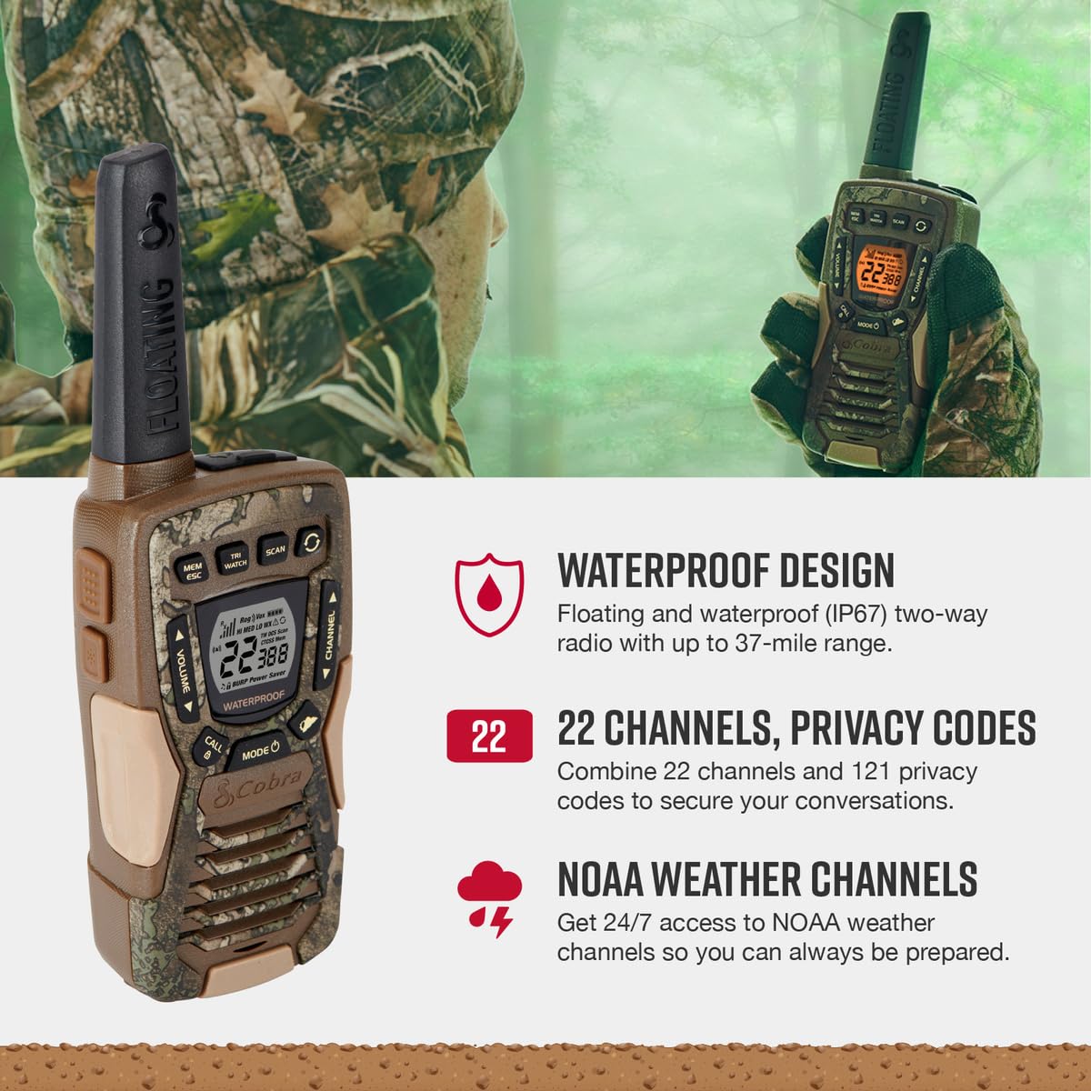 Cobra Acxt1035R Flt Waterproof Walkie Talkies   Rechargeable, Floats, 22 Channels, Long Range 37 Mile Two Way Radio Set (2 Pack)