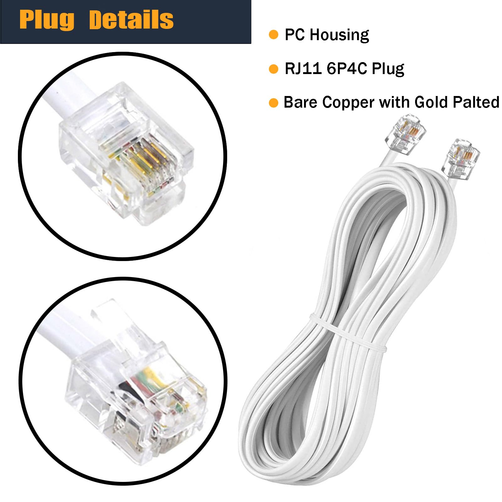 Yienfbev 25Ft Telephone Extension Cord Cable, Landline Phone Line Wire With Rj11 6P4C Plugs, Includes Cable Clips   White   2 Pa