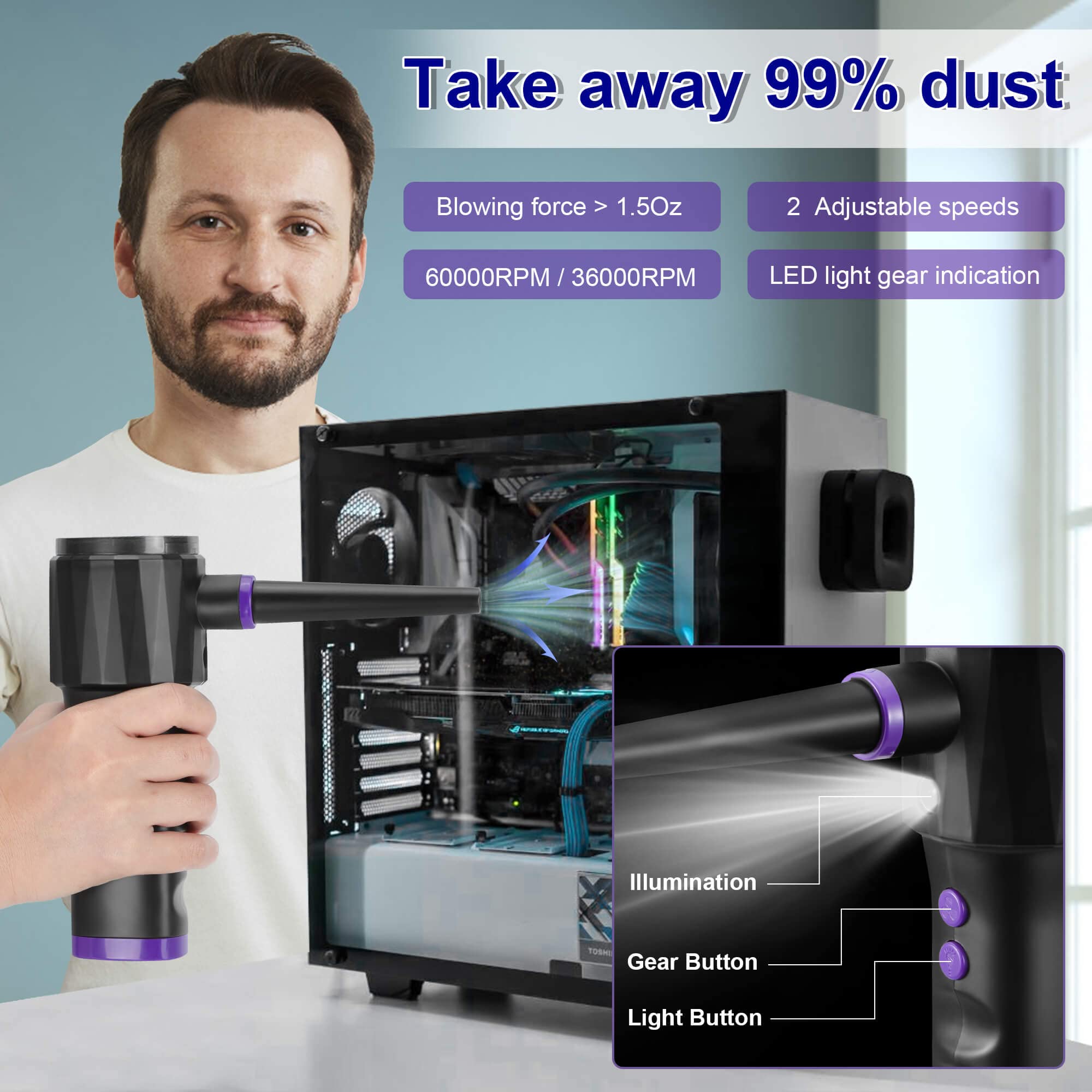 Compressed Air Duster 2 In 1 Vacuum,10000Mah Rechargeable Cordless Electric Air Blower With Light, 8000Pa/60000Rpm Replaces Comp