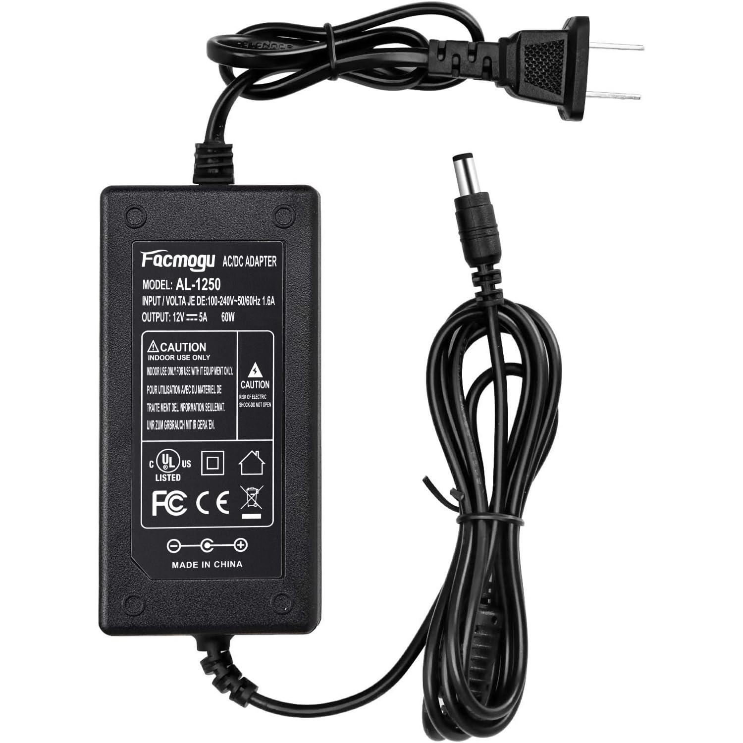 Facmogu 60W 12V 5A AC/DC Power Adapter, 100-240V Input, 12V 5A Output, Black, with 5.5x2