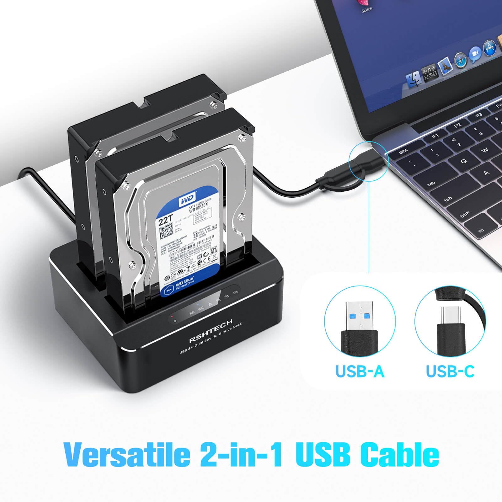 Rshtech Hard Drive Docking Station Aluminum Usb C/Usb 3.0 To Sata Dual Bay Hard Drive Dock For 2.5 Or 3.5 Inch Hdd Ssd, With 2 I