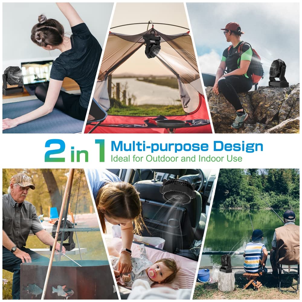 Portable Rechargeable Fan With Light, 10000Mah Battery Operated Tent Fan With Light & Hook, 270 Pivot, 3 Speeds, Personal Usb Ta