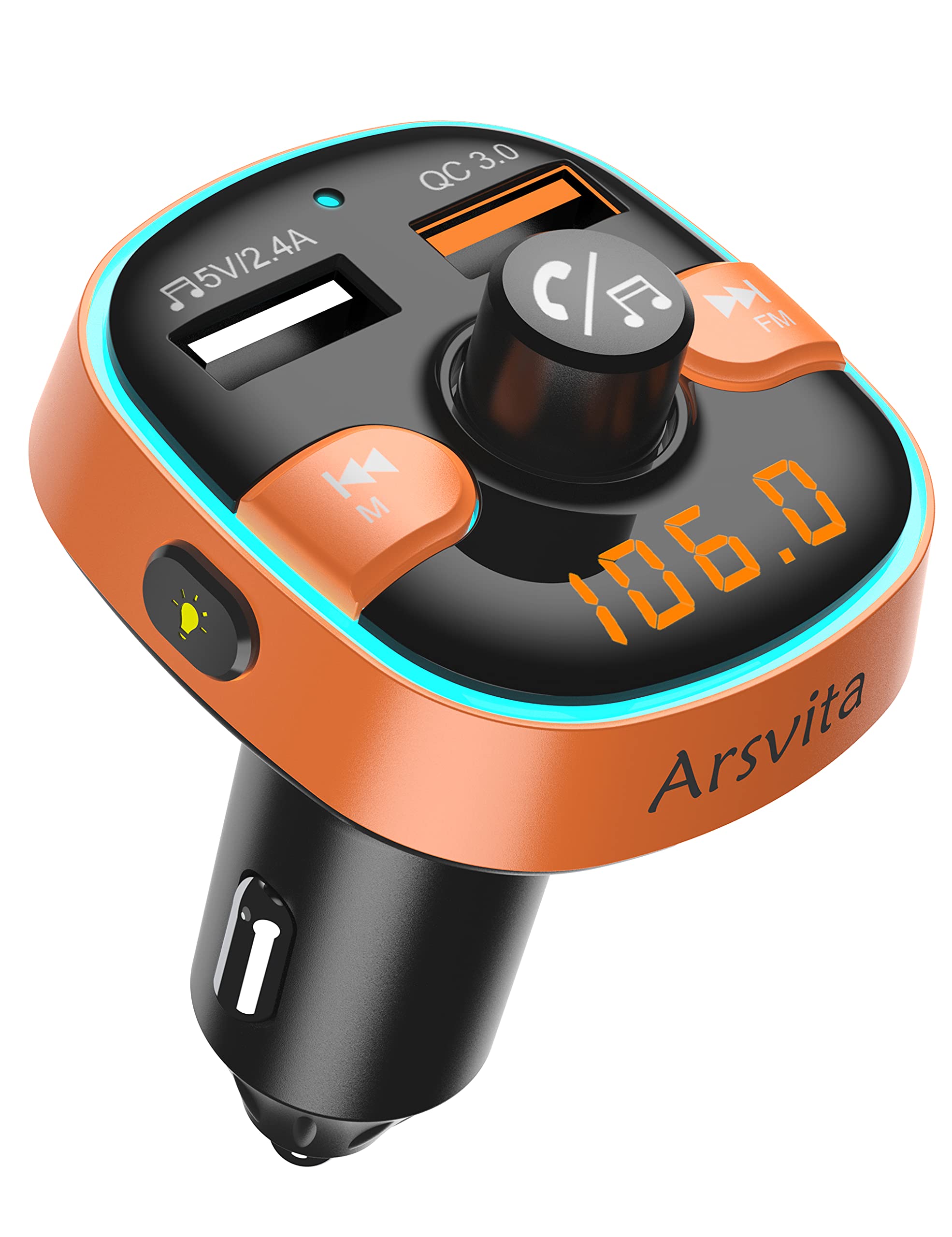 Upgraded Arsvita Bluetooth Fm Transmitter For Car, Radio Receiver/Audio Adapter With Dual Car Charger, Support Qc3.0 Quick Charging, Hands Free Calling And Hi Fi Sound Playback, Orange