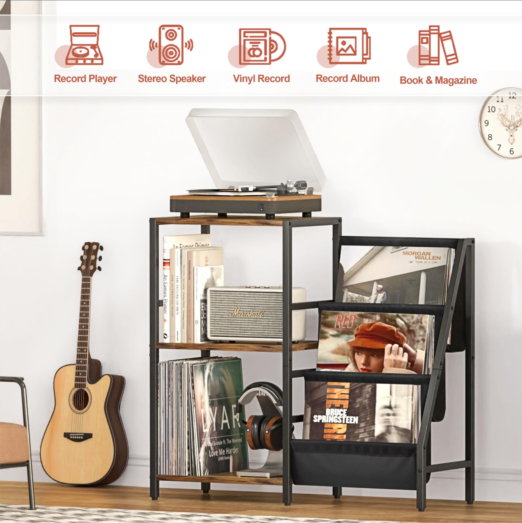 Record Player Stand With Vinyl Storage, Record Player Table With Record Storage 200 Albums, Turntable Stand With Record Holder V