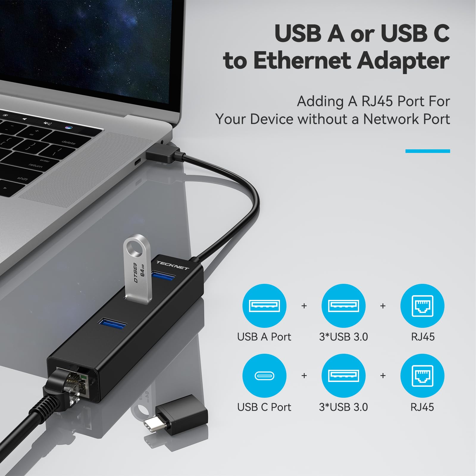 Tecknet Usb To Ethernet Adapter, Usb C To Ethernet, Aluminum 3 Port Usb 3.0 Hub With Rj45 10/100/1000 Gigabit Ethernet Adapter C