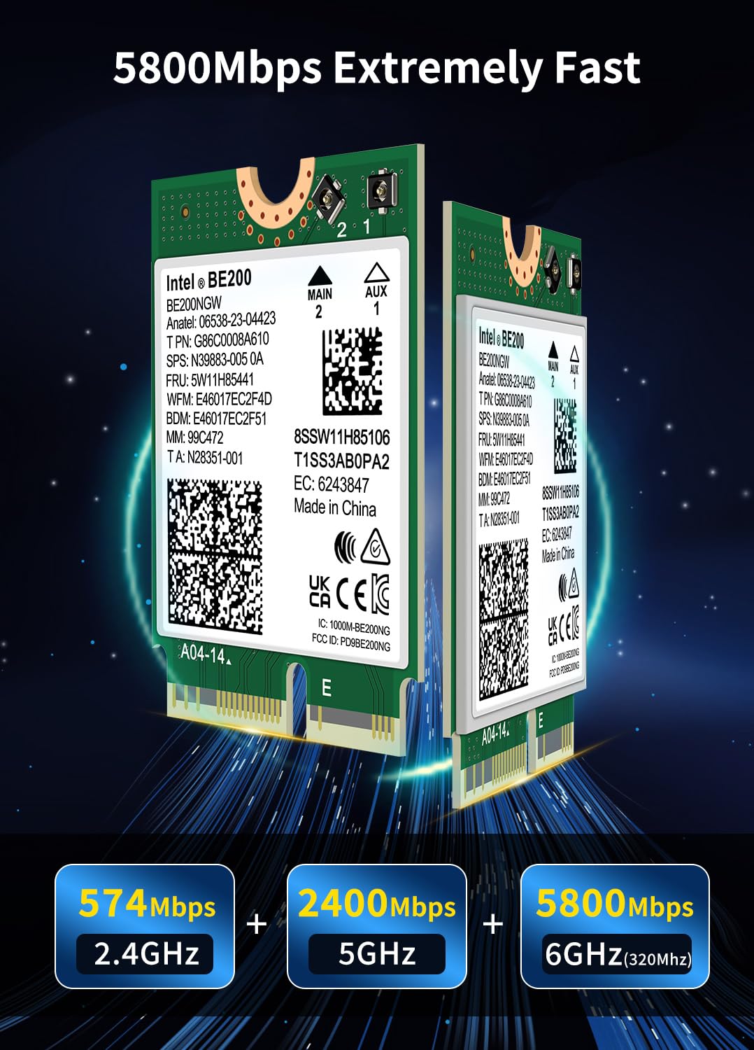 Wifi 7 Wireless Card Intel Be200 Ngw, Bluetooth 5.4, 5800Mbps M.2/Ngff Network Support Windows 10/11 (64Bit), Linux, Not Support