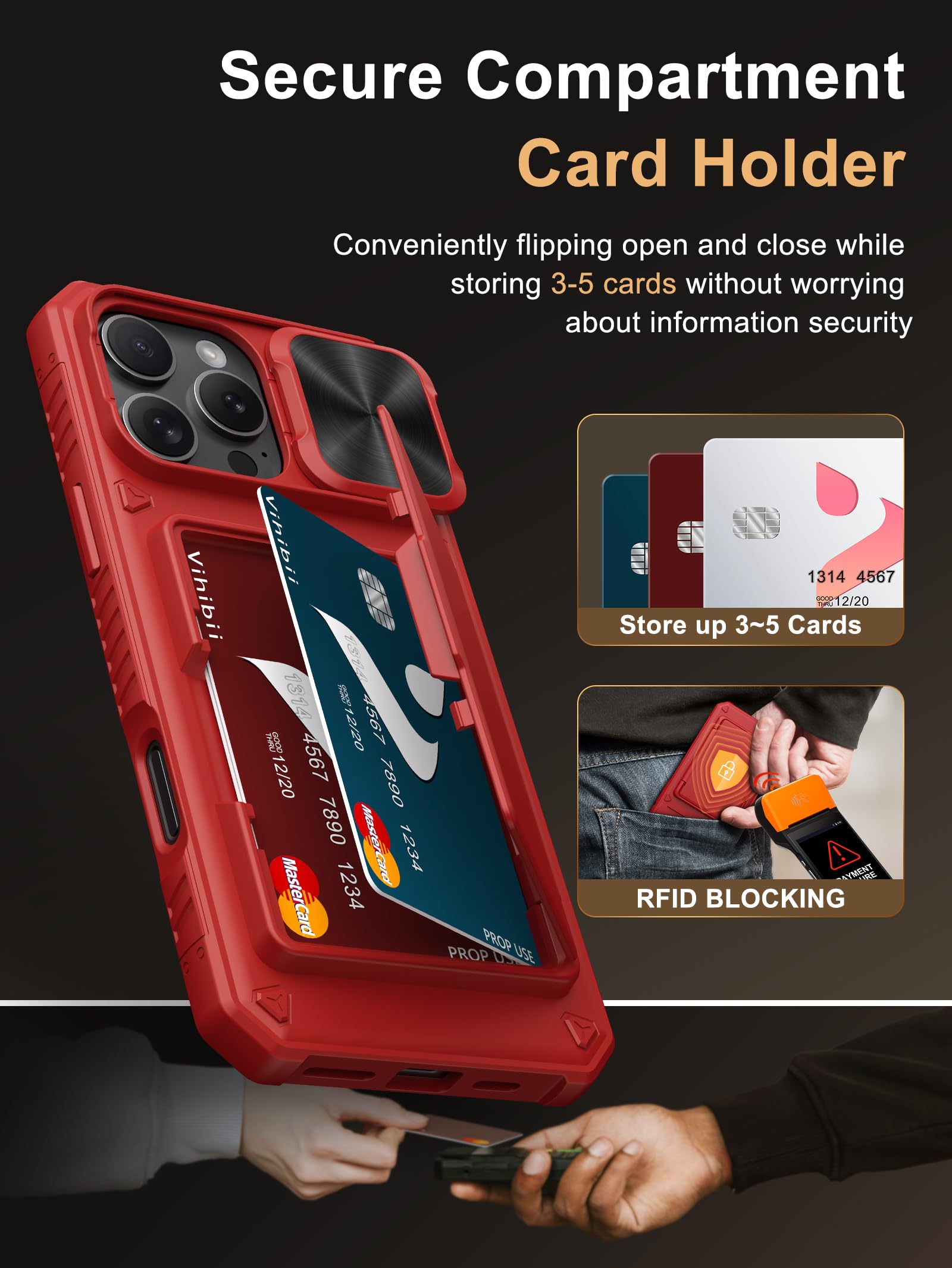 Vihibii For Iphone 16 Pro Max Wallet Case With Card Holder (4 Cards) [Rfid Blocking] & Slide Lens Cover & Raised Edges Protect S