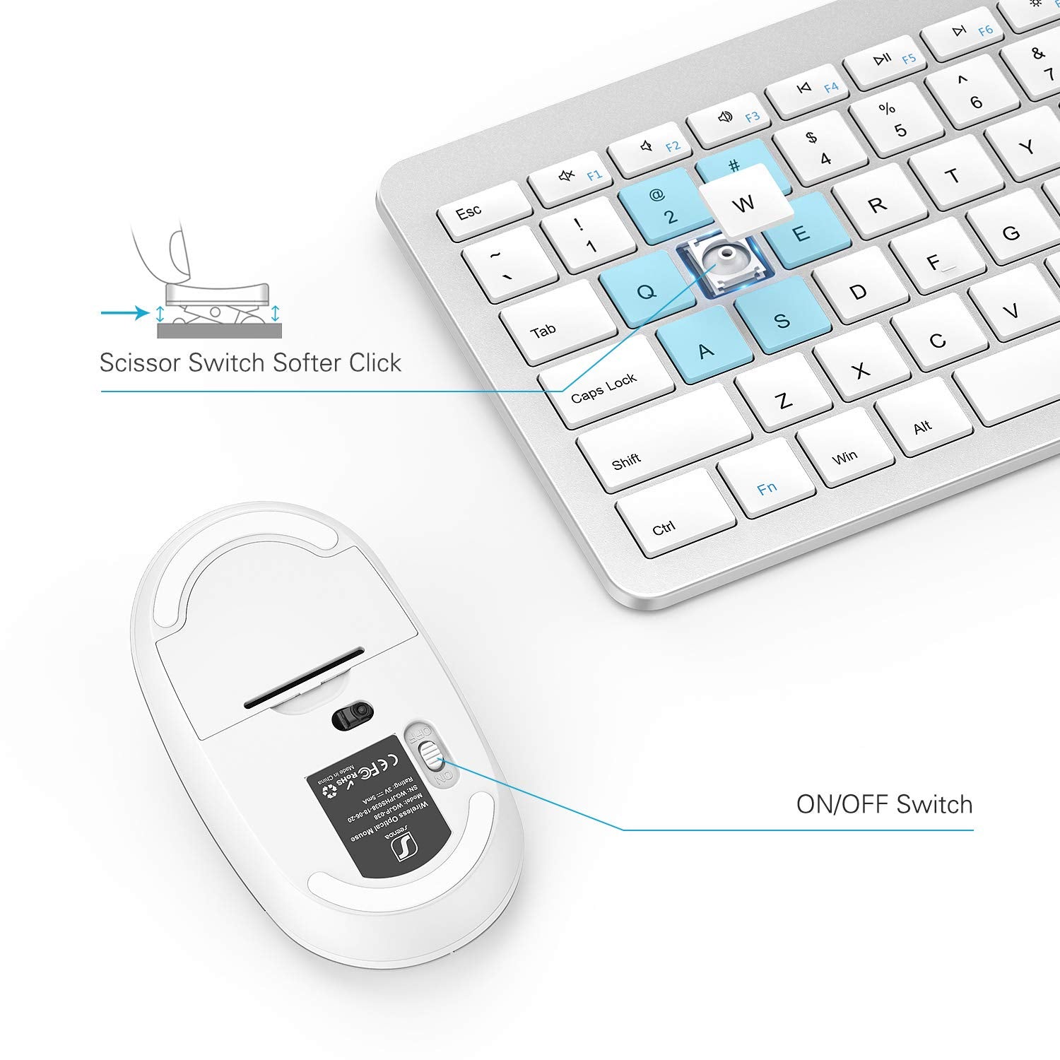 Wireless Keyboard And Mouse Combo   Full Size Slim Thin Wireless Keyboard Mouse With Numeric Keypad 2.4G Stable Connection Adjustable Dpi (White & Silver)