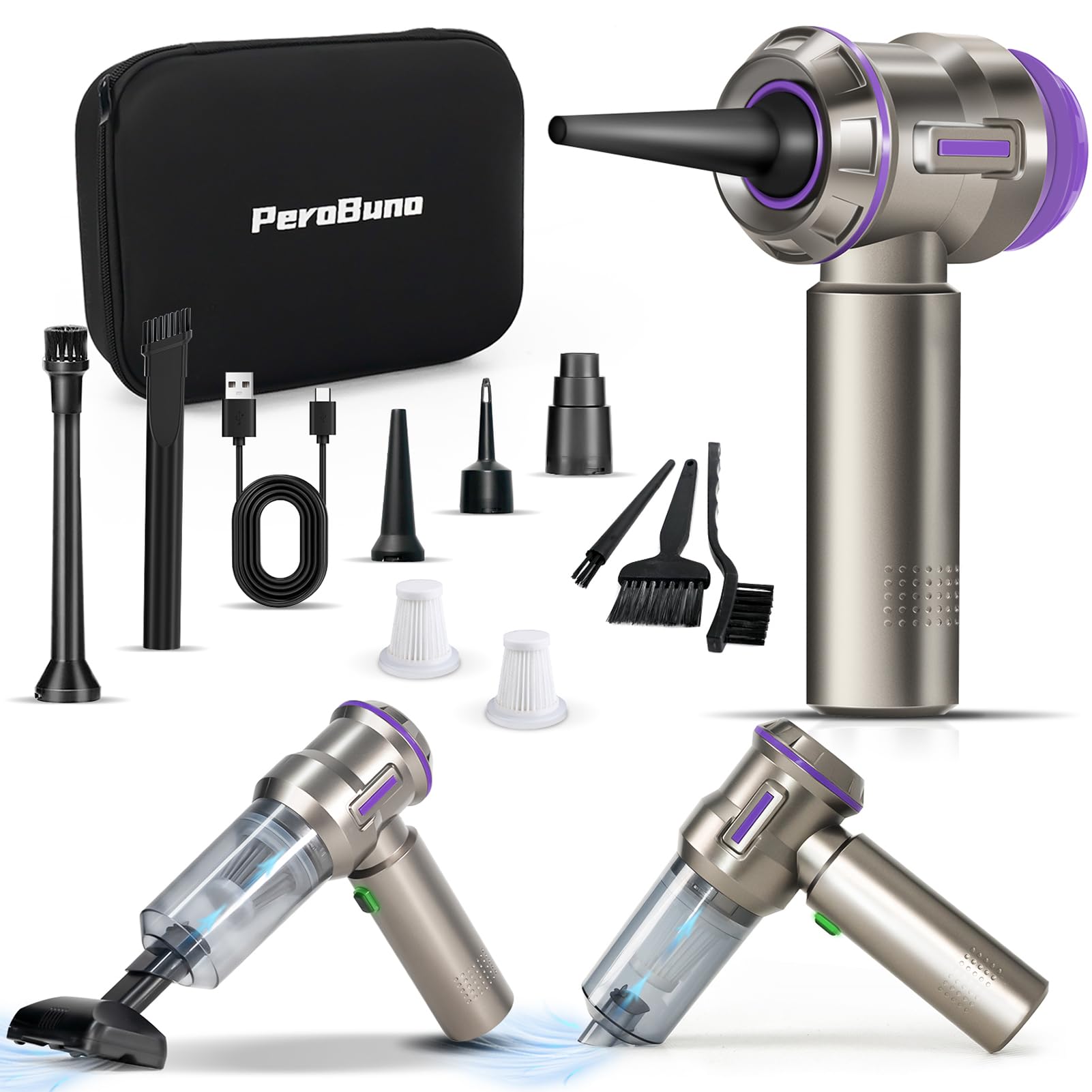Perobuno Air Duster For Pc, 200000Rpm Compressed Air, Mini Vacuum 2 In 1, Runtime Up To 35 Mins, Brushless Motor Electric Air Bl