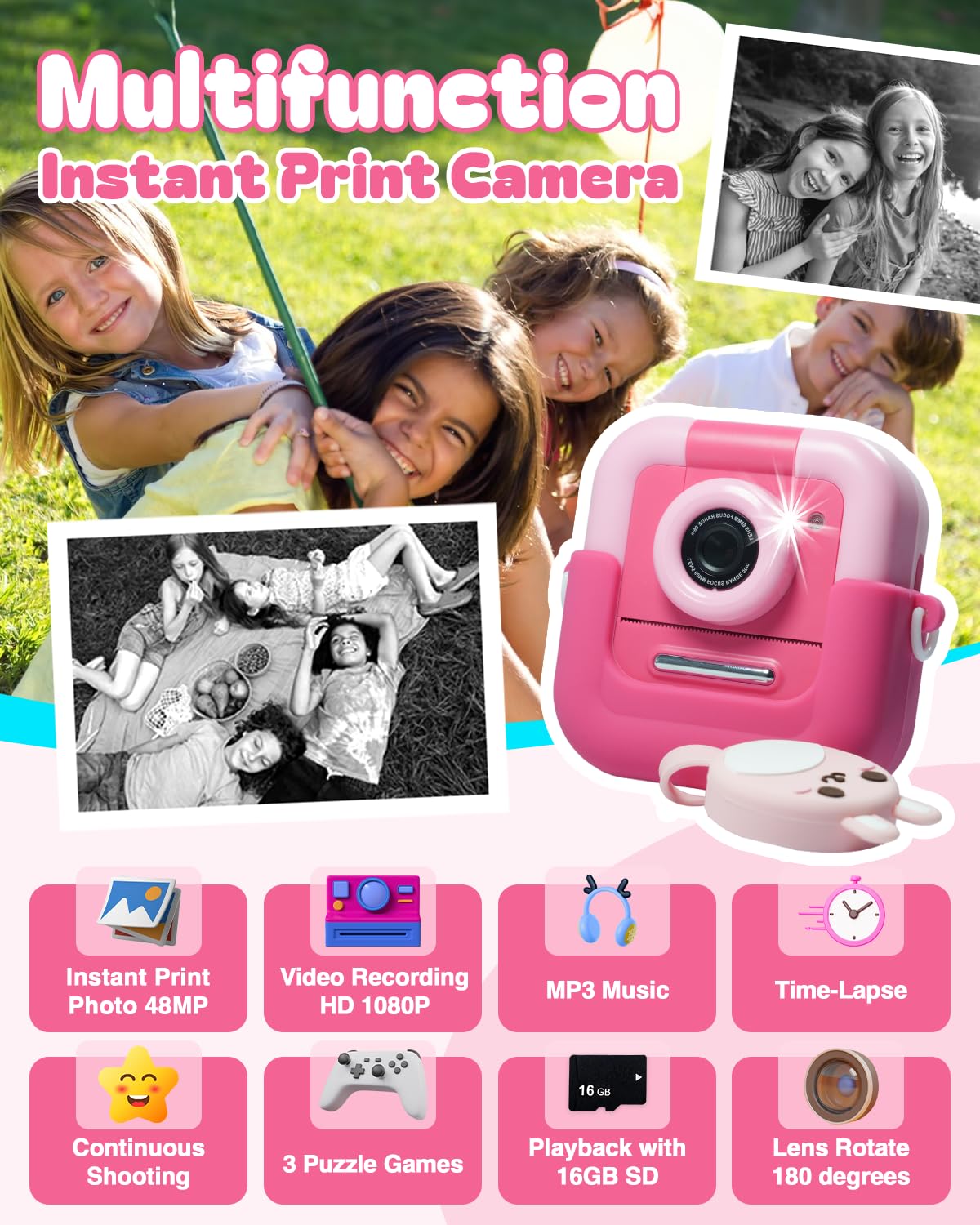 Prizedhome Instant Print Camera For Kids, Polaroid Camera With 16G Sd Card And 1080P Hd Digital Recording Camera,Portable Toy,Bi
