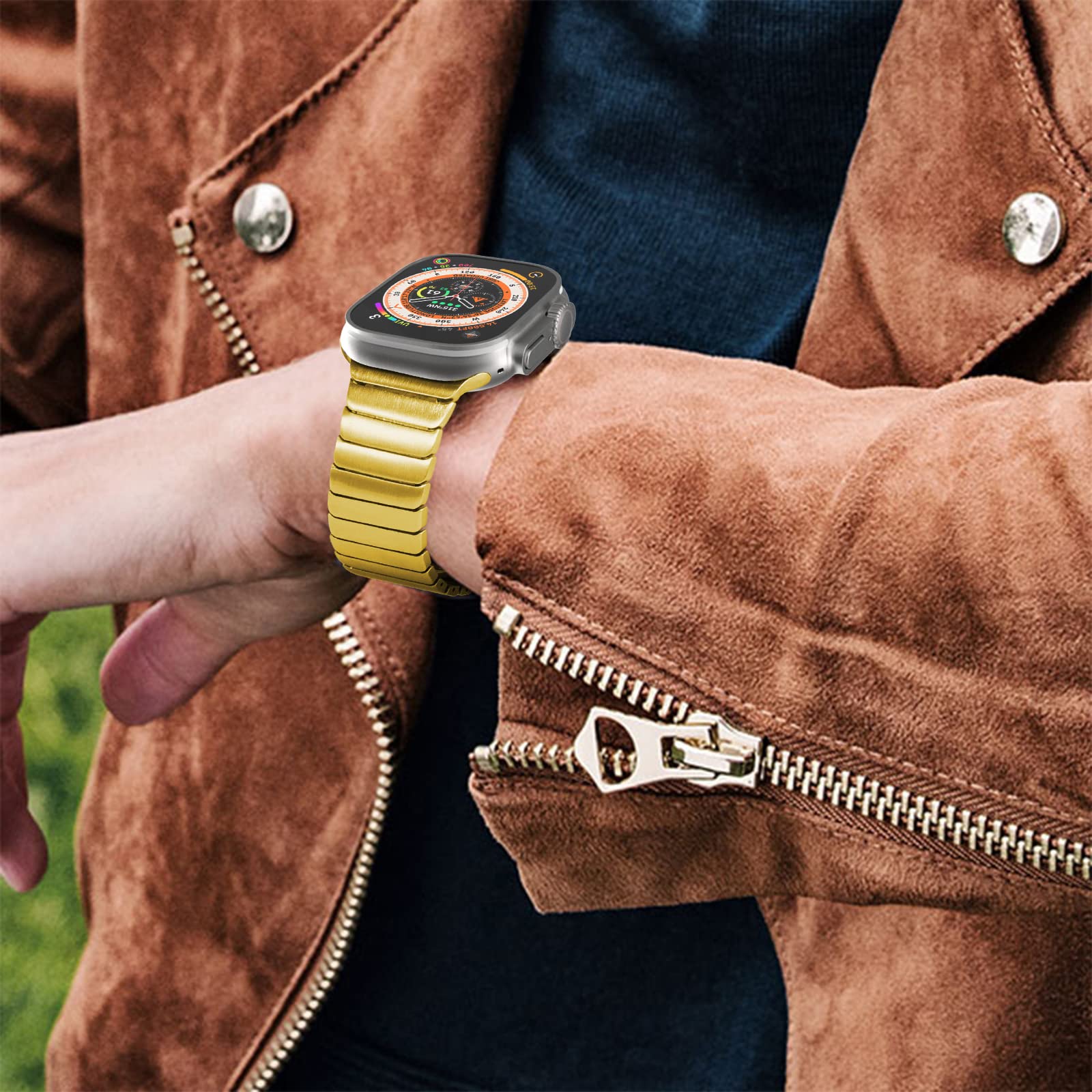 Newways Metal Band Compatible With Apple Watch Ultra 2 Band 49Mm Series 9, Stainless Steel Link Bands, Gold