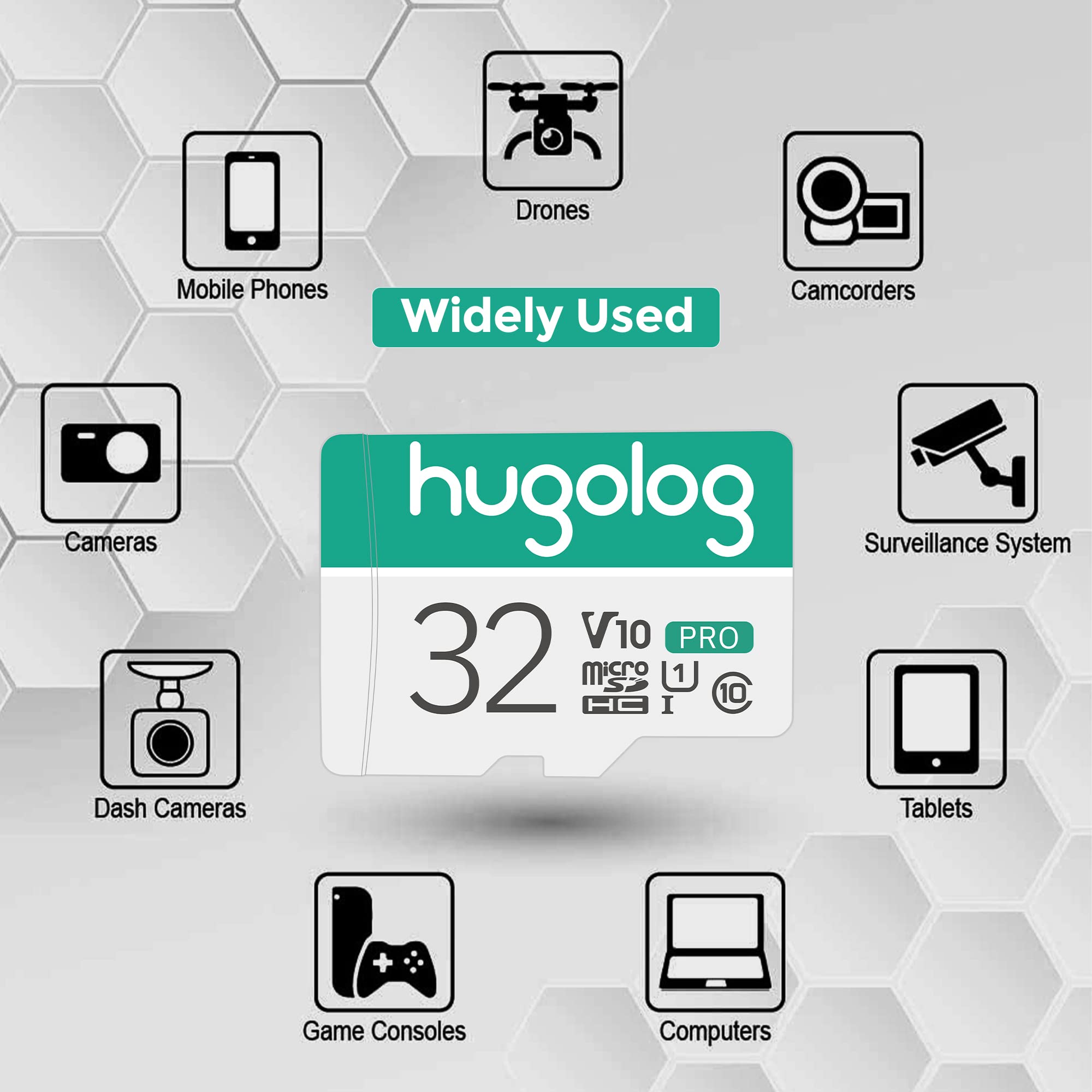 Hugolog 32GB Micro SD Card, UHS-I, 95MB/s, V30, A1, for Camera/Phone/PC - Green