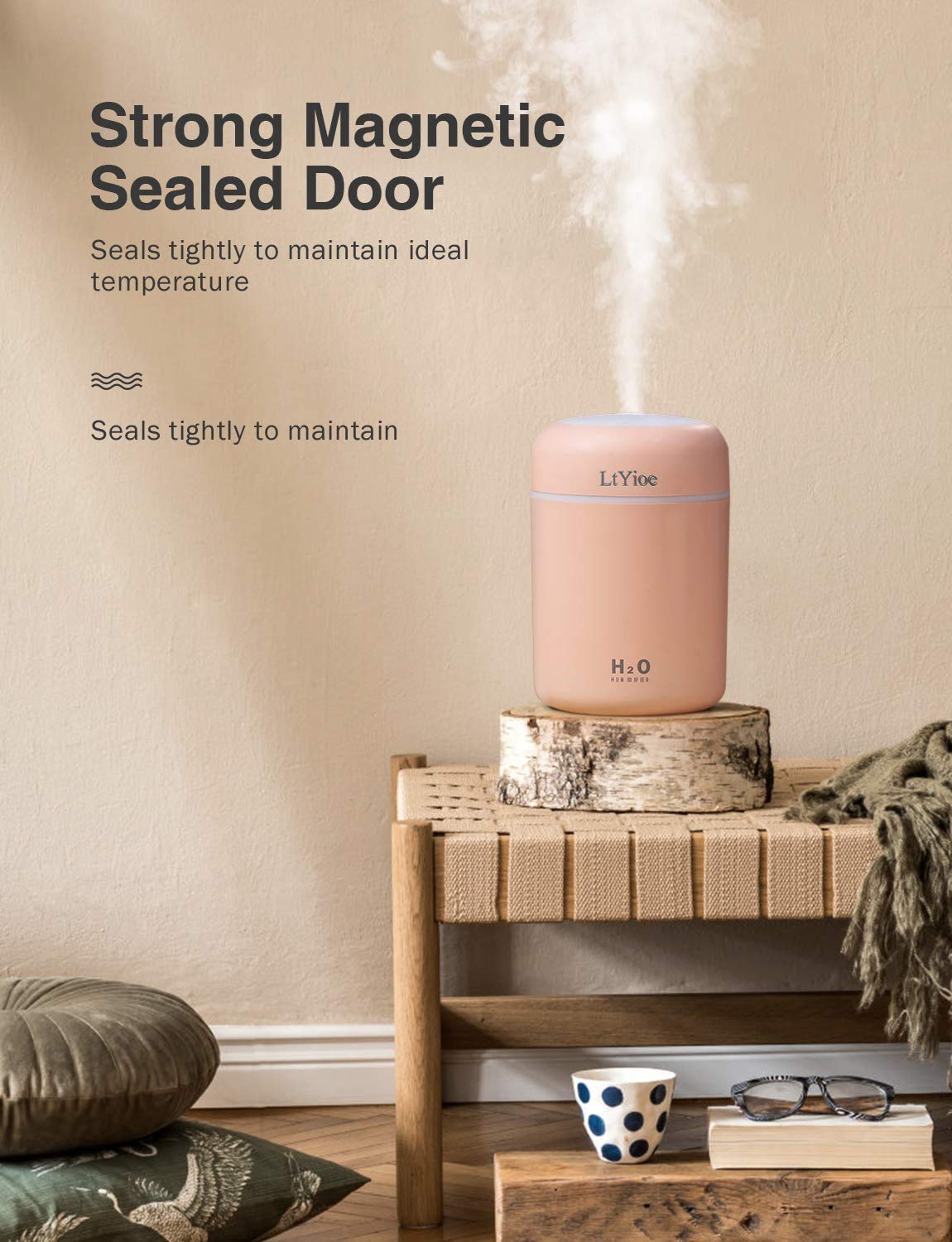 Ltyioe Colorful Cool Mini Humidifier, Usb Personal Desktop Humidifier For Car, Office Room, Bedroom,Etc. Auto Shut Off, 2 Mist M