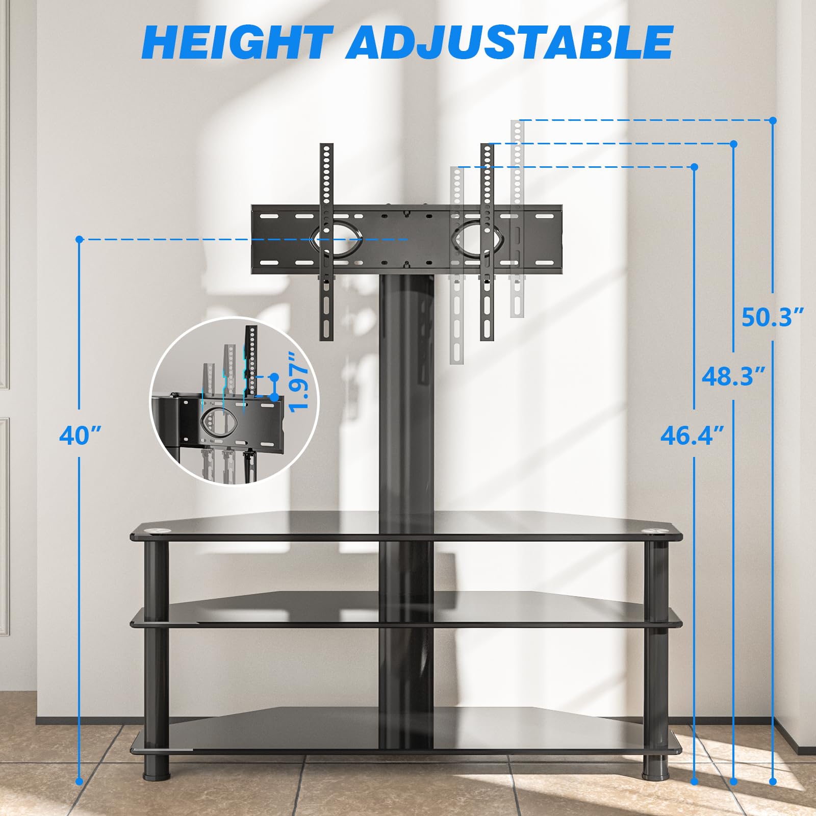 Rfiver Corner Swivel Glass TV Stand with Mount for 32-70" TVs, Adjustable Height, Black, Tempered Glass, 3-Tier Storage