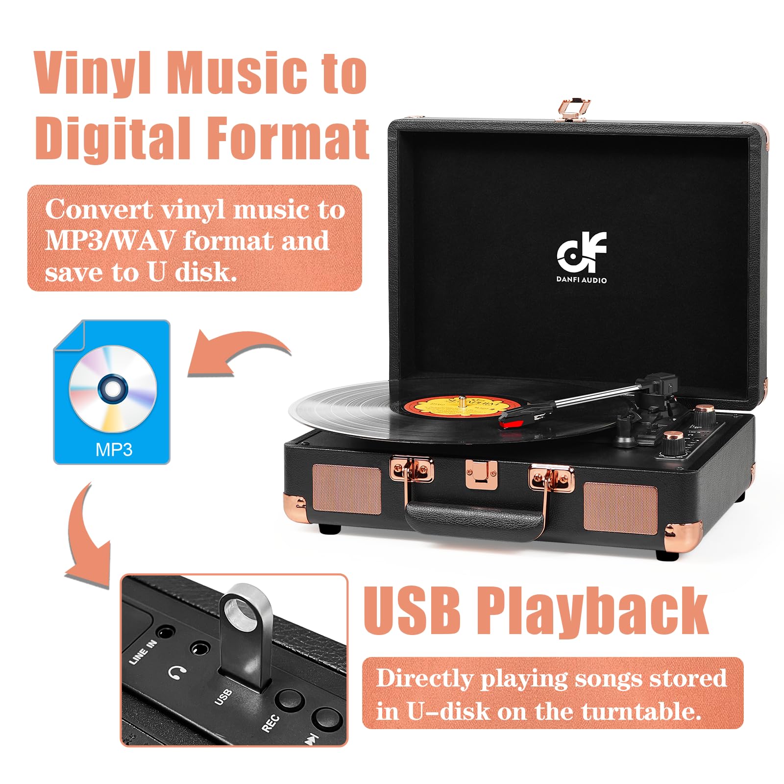 Record Player 3 Speed Portable Suitcase Vinyl Record Player With Built In Speakers, Bluetooth Input, Usb Recording, Rca Out/Aux