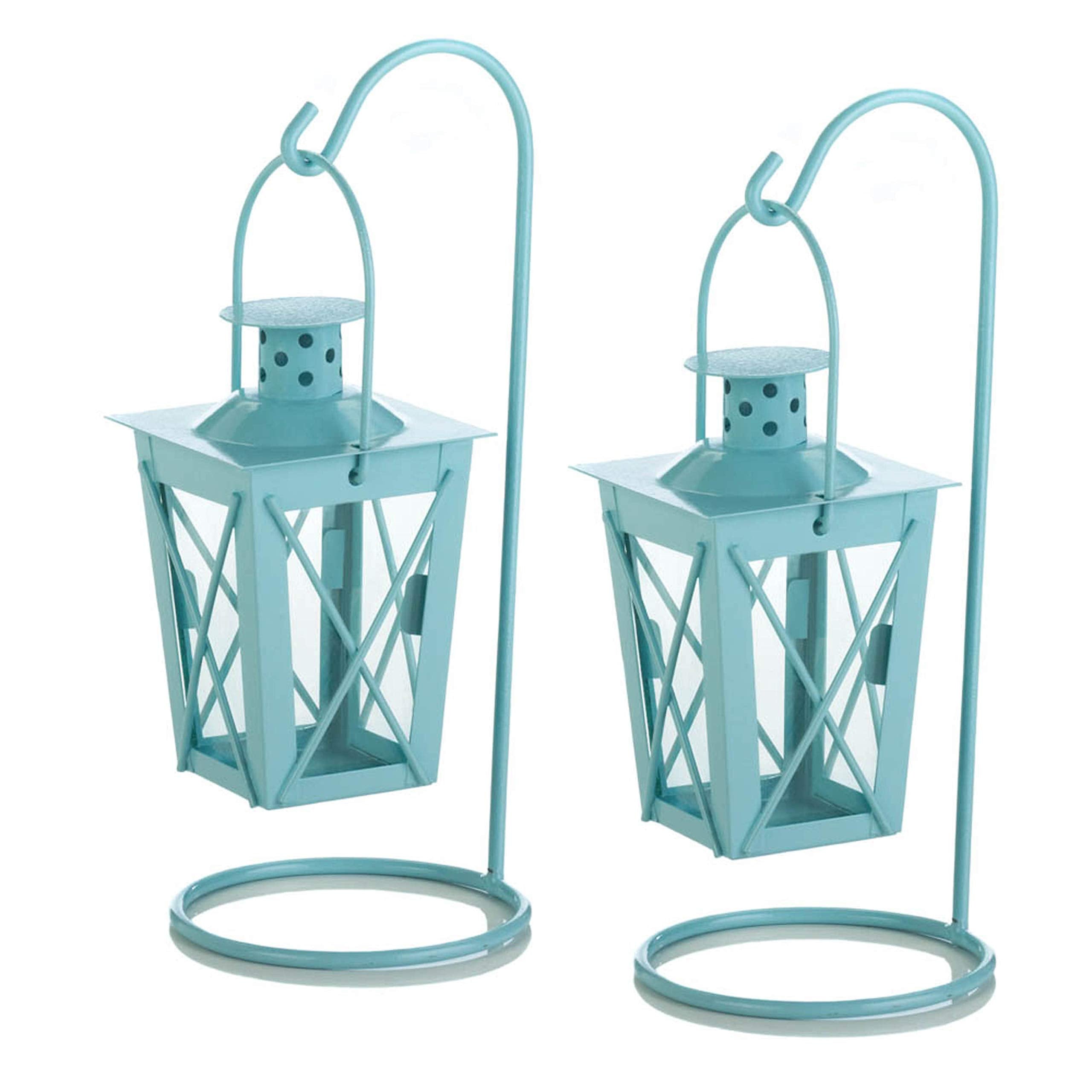 Zingz & Thingz Dual Hanging Tabletop Railroad Candle Lanterns, Decorative Light Home Decor, 9 Tall, Blue