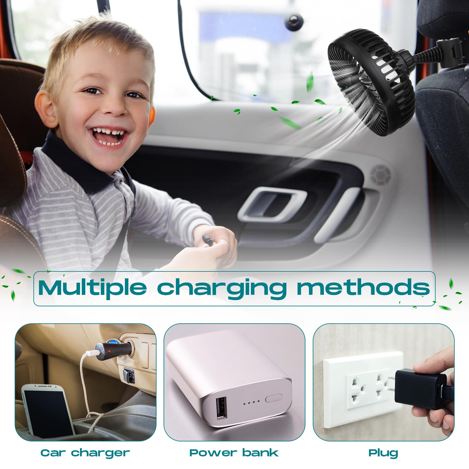 Glooglitter 2 Pcs Car Fan Dual Head Usb Fan For Rear Seat Passenger Portable Fan Headrest 360 Degree Rotatable 3 Speed 12V/ 24V