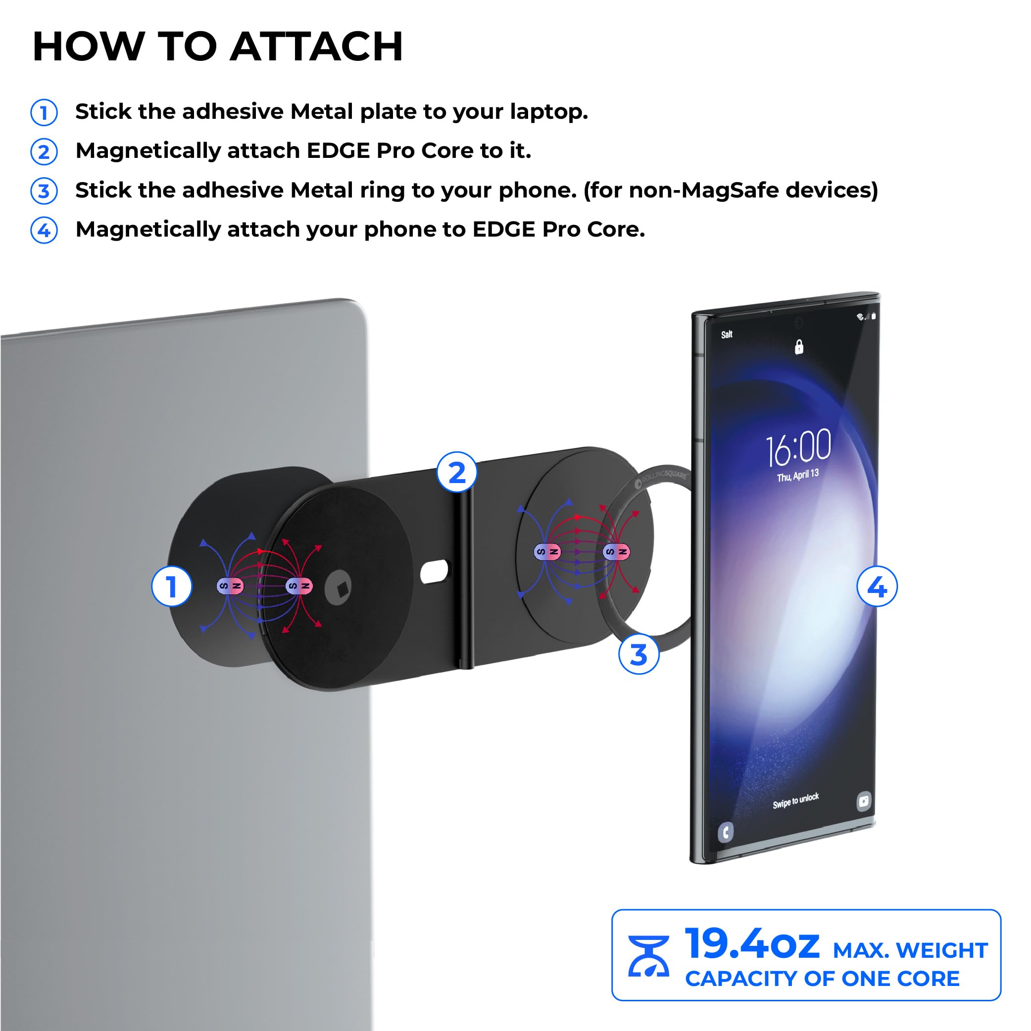 Rolling Square Edge Pro Core - Magnetic Mount Phone Holder Stand For Computers And Tablets | Secure Metal Plate Adhesive Or Stan