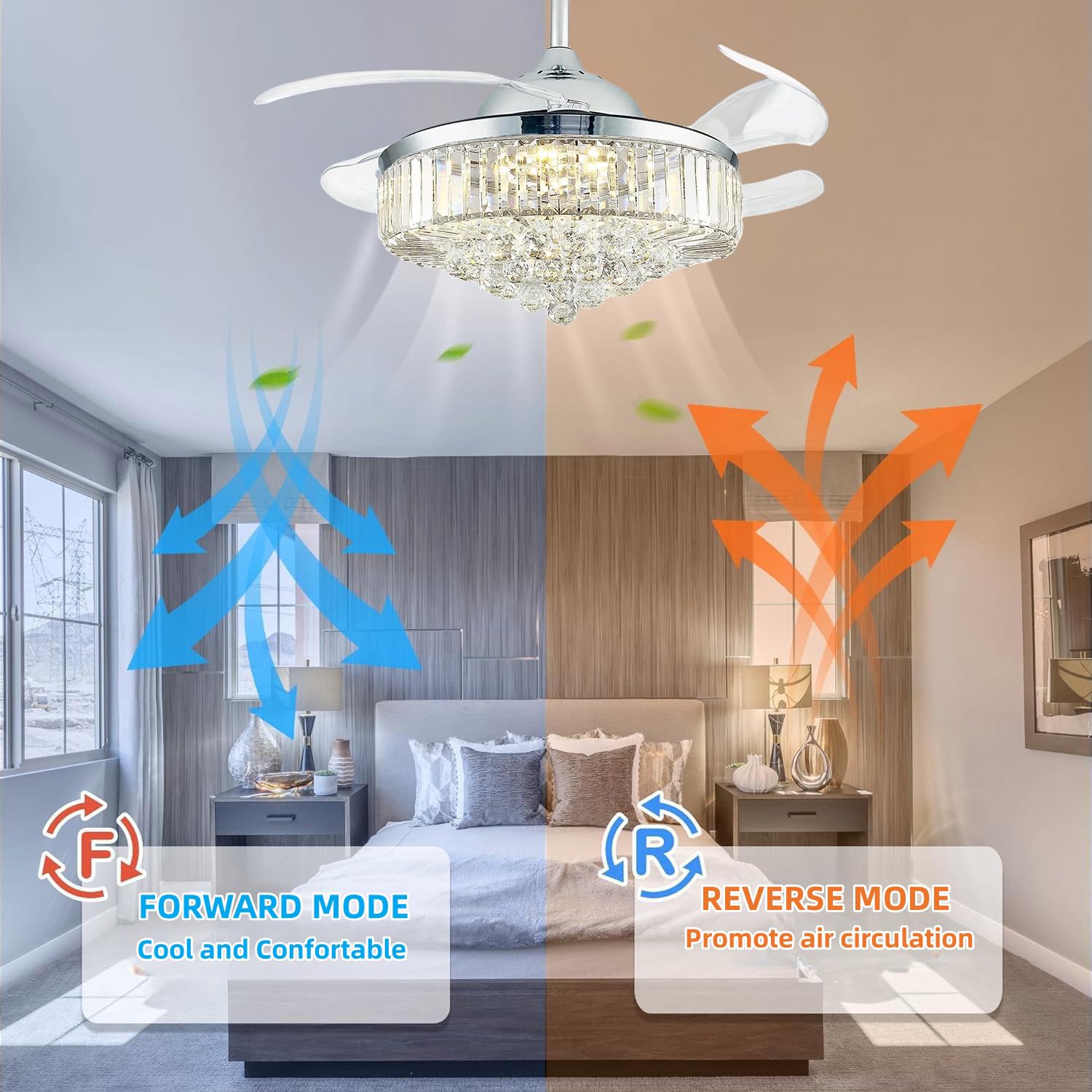Fidgra 42'' Fandelier Ceiling Fan With Light, Retractable Chandelier Fan Led Dimmable Crystal Ceiling Fan For Bedroom Living Roo