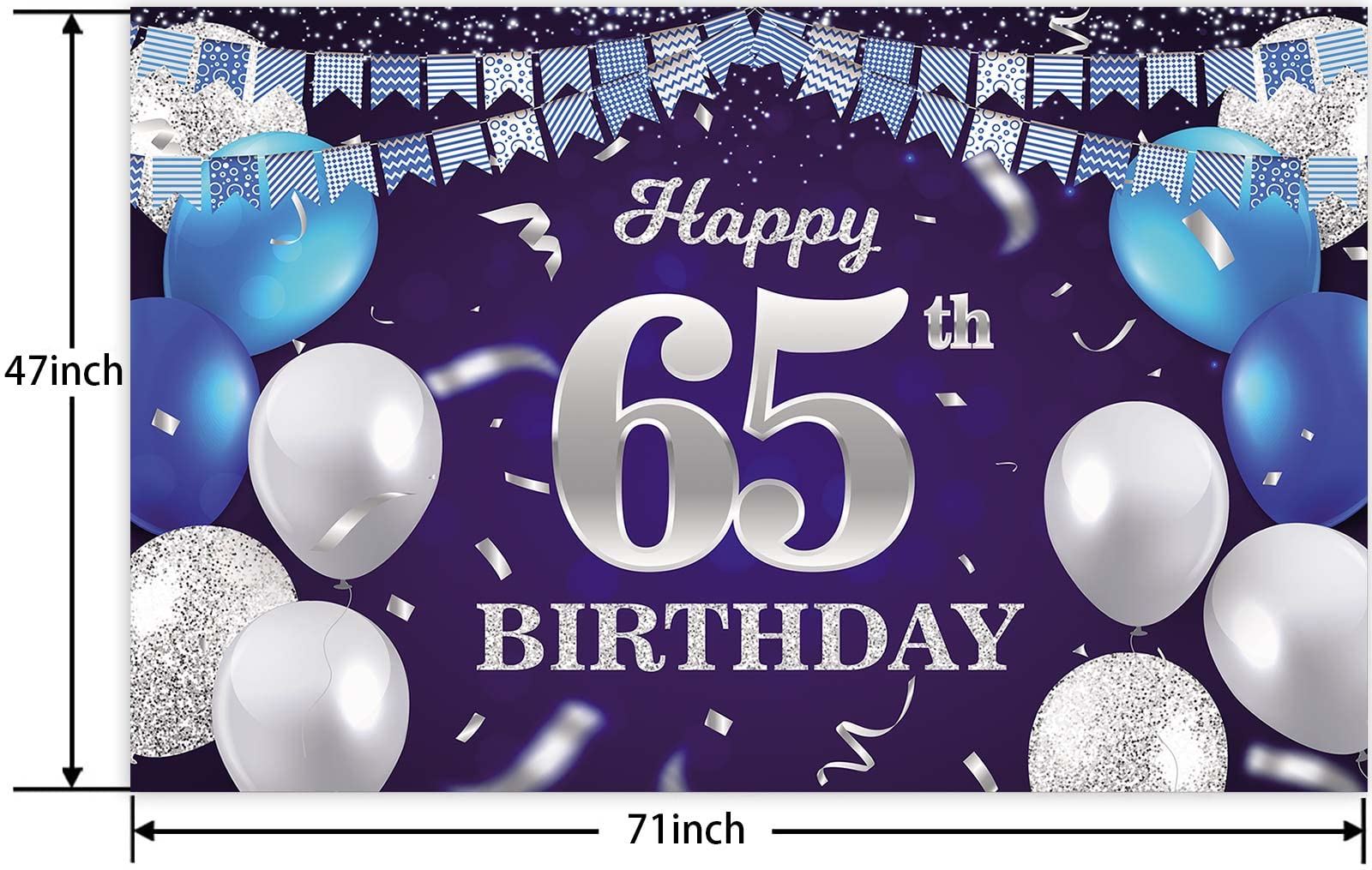 Happy 65Th Birthday Banner Backdrop Navy Blue Balloons Confetti Stripe Flag Light Spots Cheers To 65 Years Old Theme Decorations