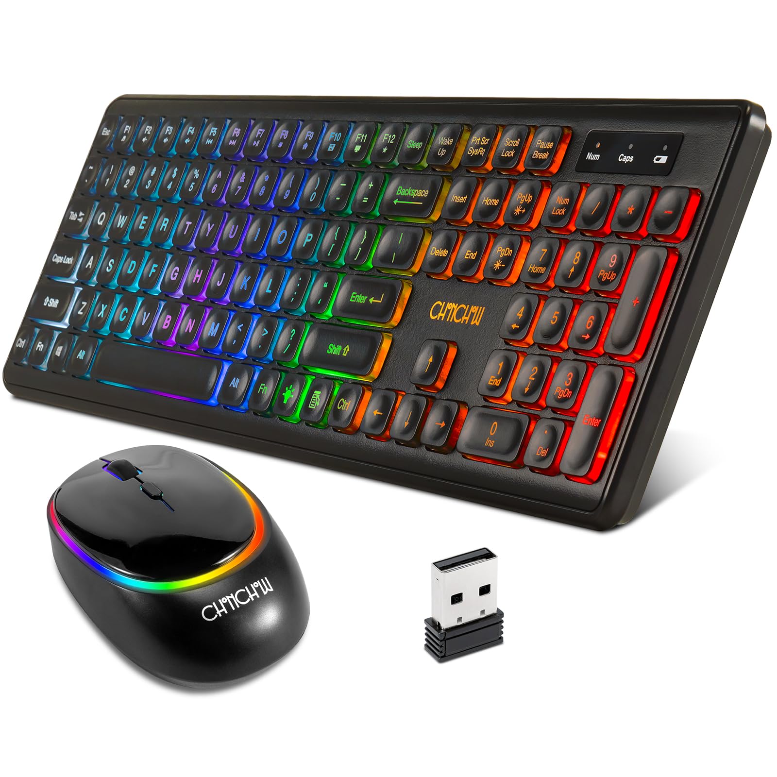 Wireless Keyboard and Mouse CHONCHOW Rechargeable LED Combo RGB Backlit Keypad Silent USB 2.4g Mini Mice Big Battery for Work Ga