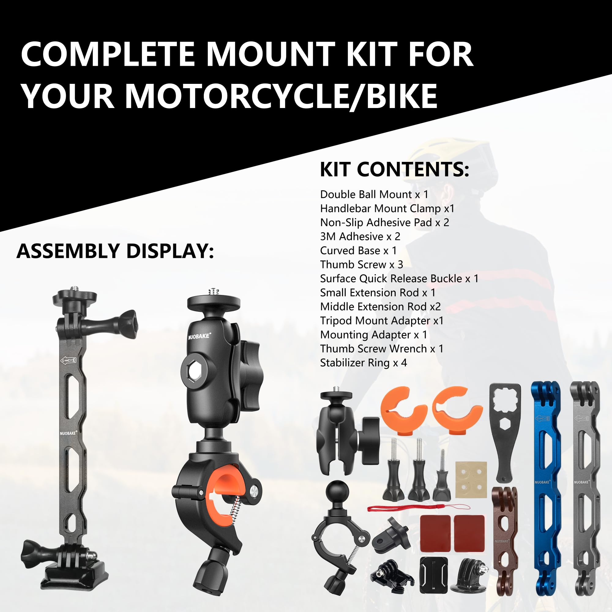 Nuobake 19 In 1 Motorcycle Accessory Bundle For Insta360 One X2, X3, X4, One R, Rs, Gopro Hero 12, 11, 10, 9, 8, 7, 6, 5 Black, Session 5/4/3, Osmo Action, Yi Action Camera And More