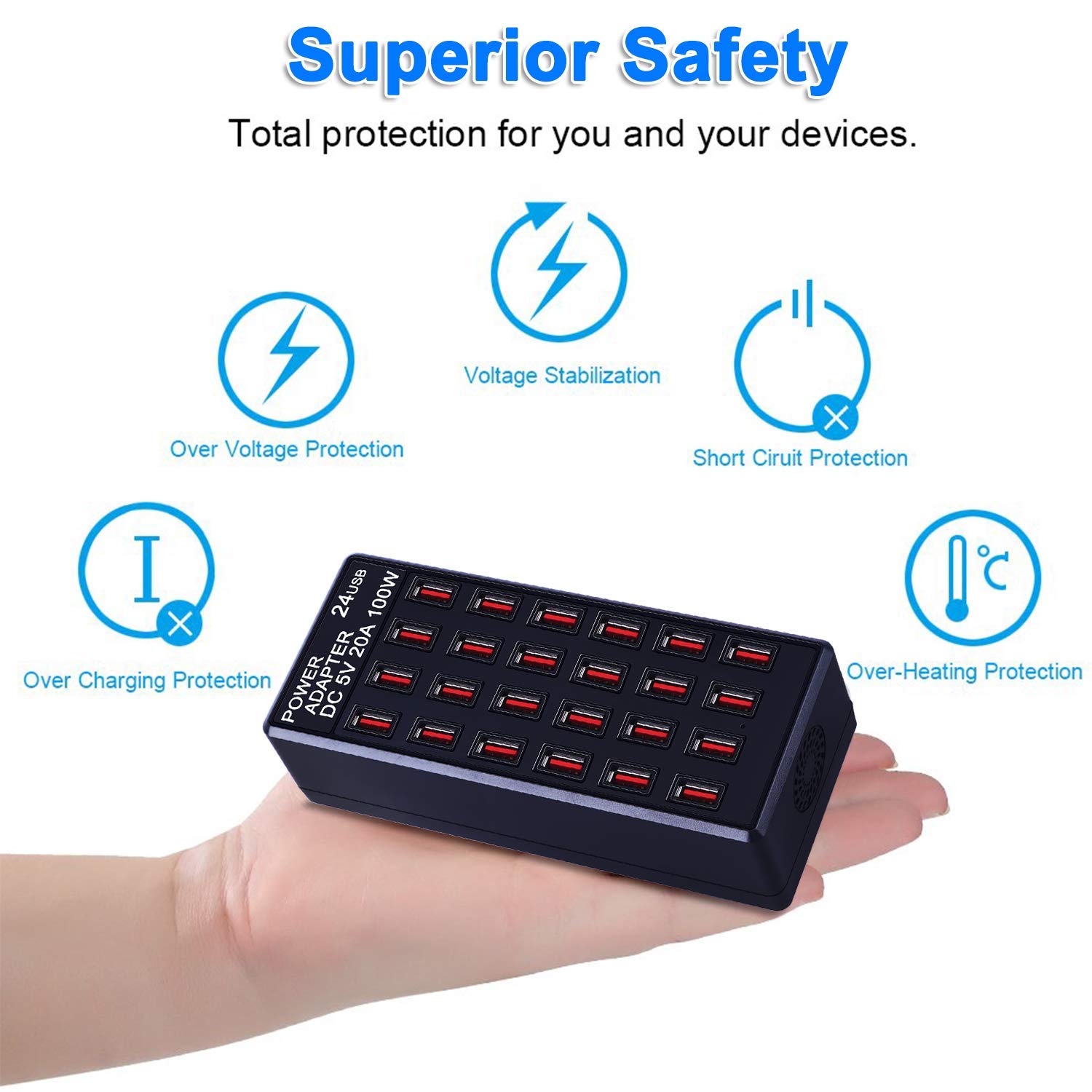 24 Port 100 Watt (20 A) Usb Charging Station, Home Desktop Fast Charger, Multiple Chargers, Suitable For Hotels, Shops, Schools, Shopping Malls And Travel